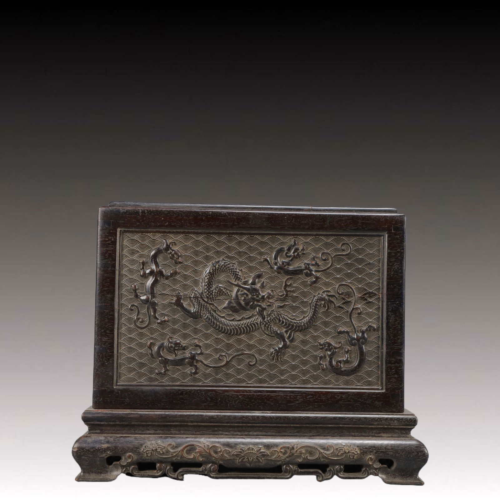 An Exquisite Zitanwood Dragon Pattern Box,with an Imperial Poem by Emperor Qianlong: An Exquisite Zitanwood Dragon Pattern Box,with an Imperial Poem by Emperor Qianlong,Qing Dynasty,China,Size:9.8inx9.8inx8in,Weight:3450g 