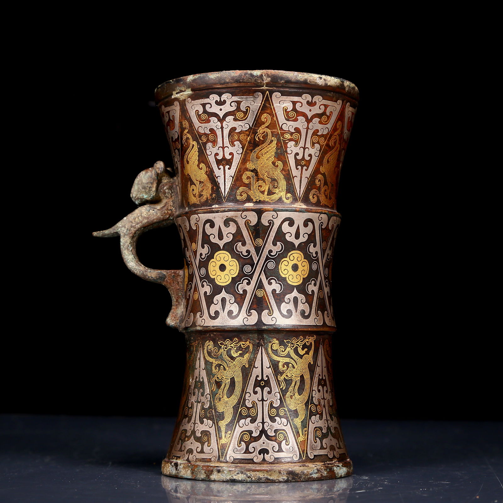 A Rare Bronze Inlaid Gold and Silver Dragon and Phoenix Pattern Cup: A Rare Bronze Inlaid Gold and Silver Dragon and Phoenix Pattern Cup,Ancient Time, China,Size:3.3inx6.1in,Weight:260g 