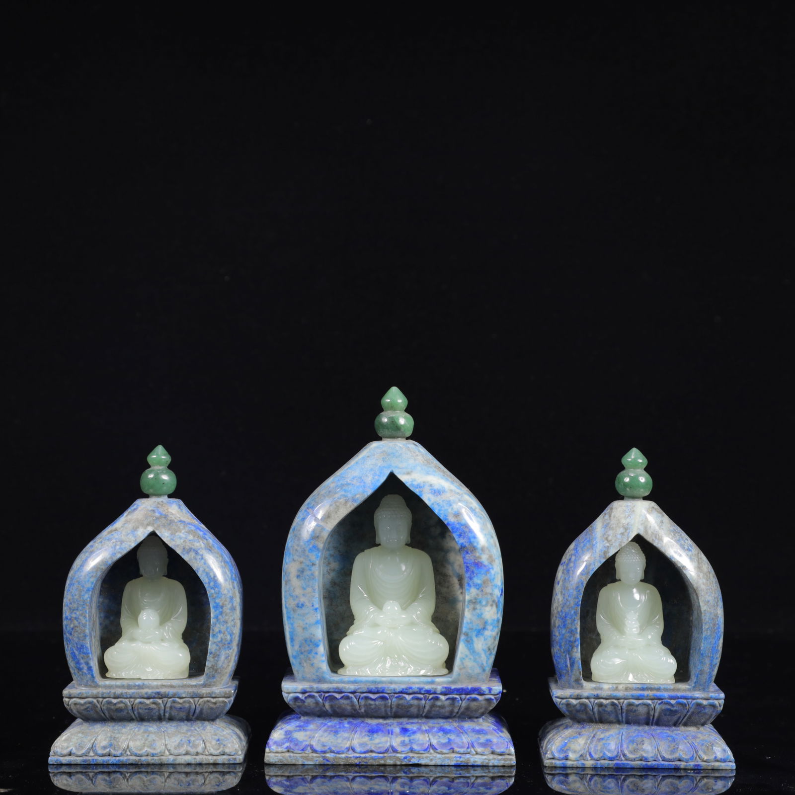 A Set of Exquisite Lapis Lazuli Inlaid White Jade Buddha Statue Ornaments (1 of 15)