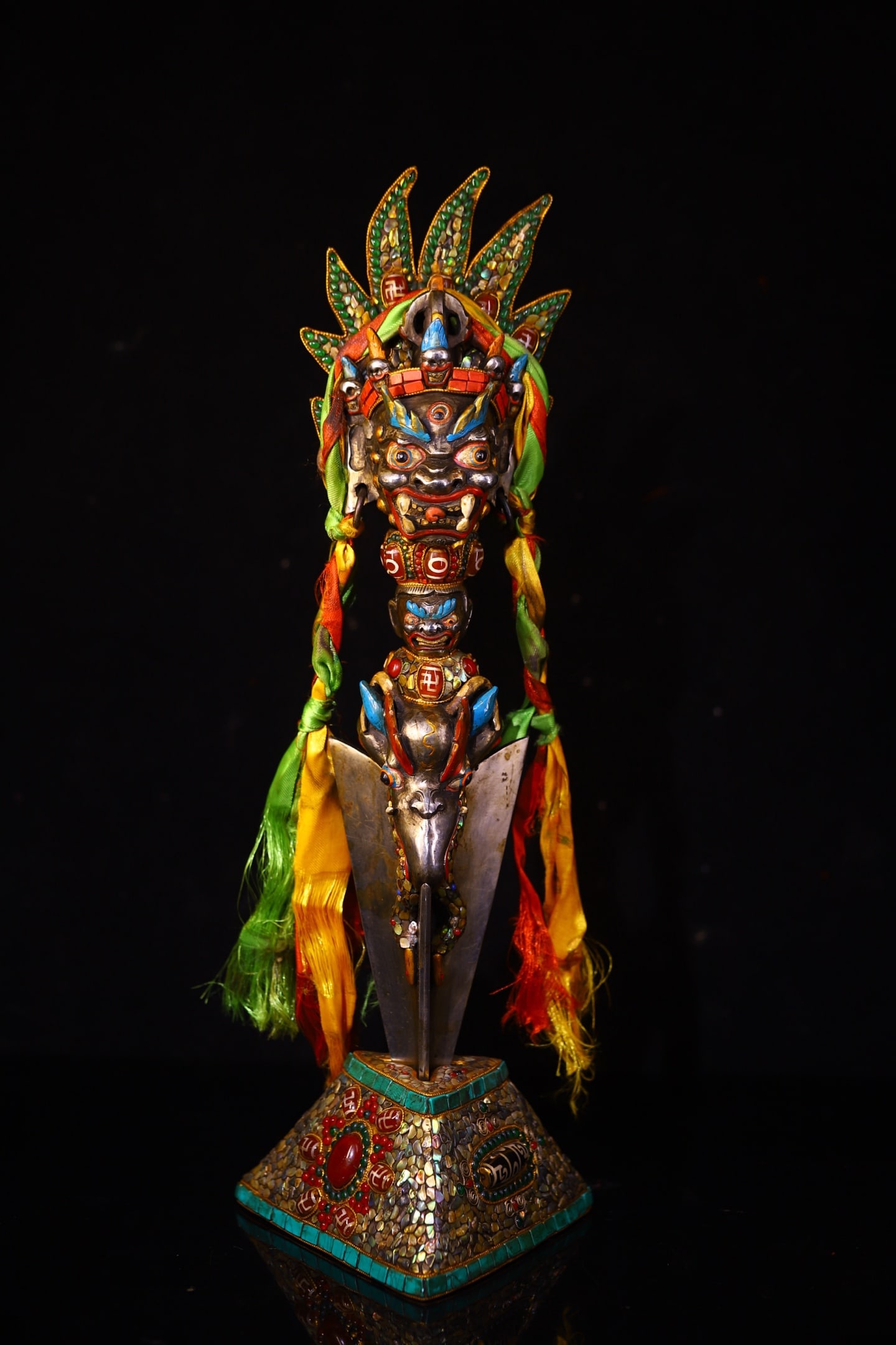 A Rare Bronze Inlaid Gems and Dzi Bead Beast-Face Pattern Vajry Pestle,With Base (1 of 9)