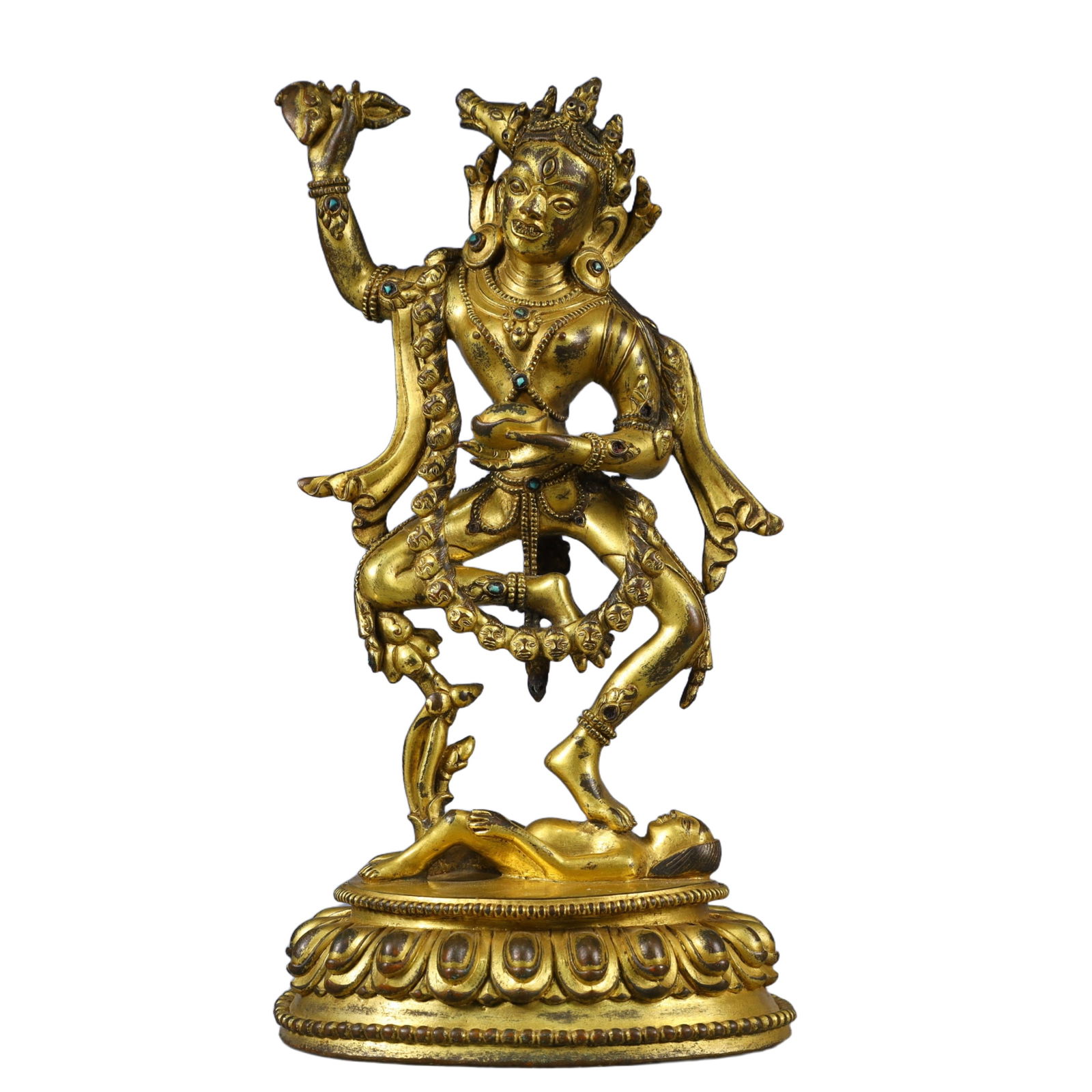 A Solemn Gilt Bronze Statue of Dakini,Inlaid Turquoise: A Solemn Gilt Bronze Statue of Dakini,Inlaid Turquoise,Qing Dynasty, China,Size:5.1inx4.3inx10.2in,Weight:2250g 铜鎏金空行母像,嵌绿松石