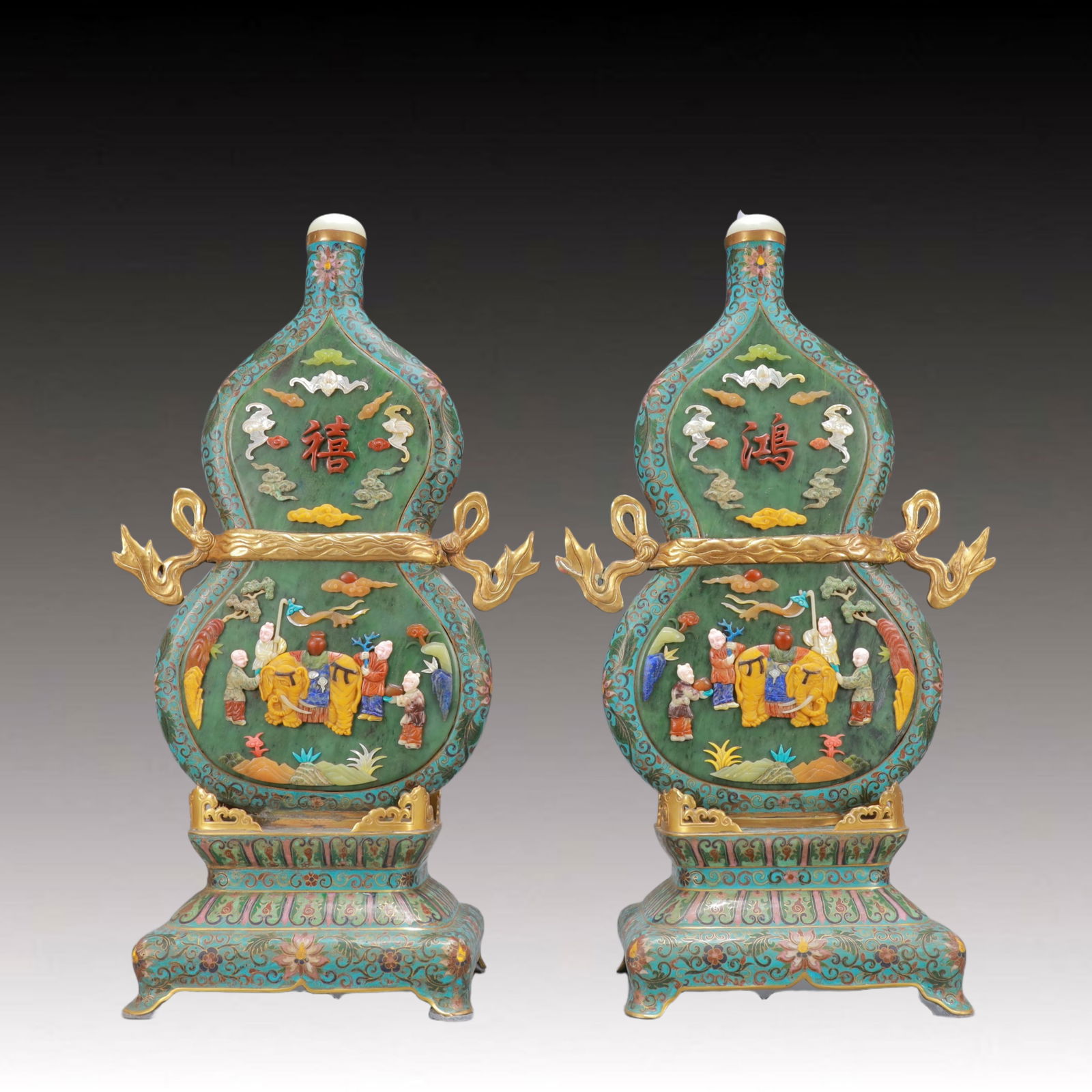 A Exquisite Cloisonne Lotus Pattern Character and Story Pattern Gourd-Shaped with poem Double-Ears: A Exquisite Cloisonne Lotus Pattern Character and Story Pattern Gourd-Shaped with poem Double-Ears Vase Qing Dynasty, China Qianlong Four-character Mark ,Size:11.2inx6.1inx19.3in Weight:3150g 景