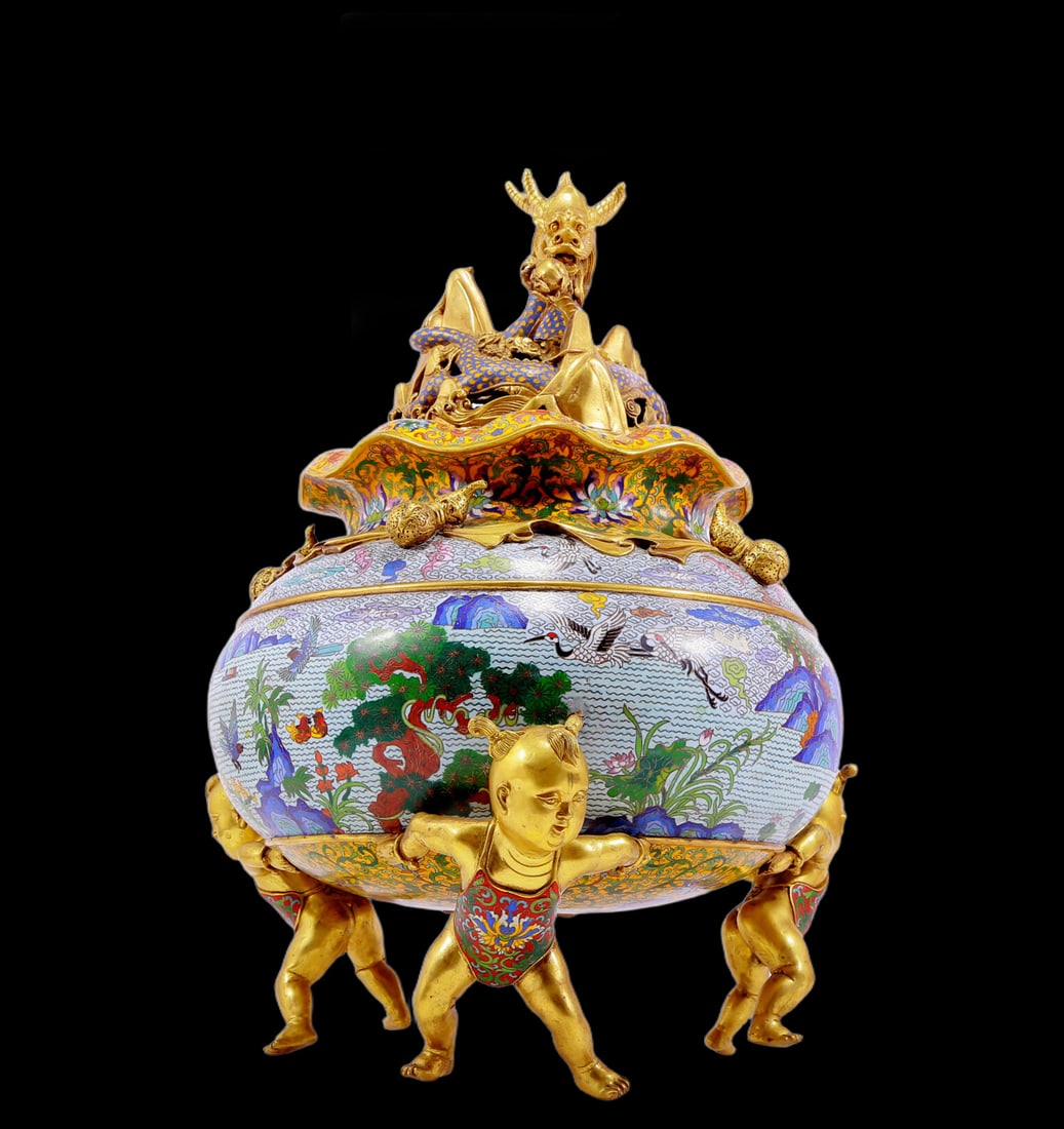 An exquisite cloisonné landscape figure three-legged incense burner with lid (1 of 10)