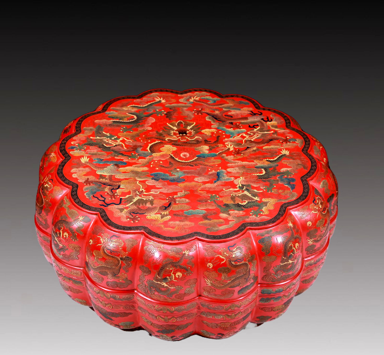 An Elaborate Red-Lacquered Painted 'Dragon& Auspicious Cloud' Box (1 of 10)