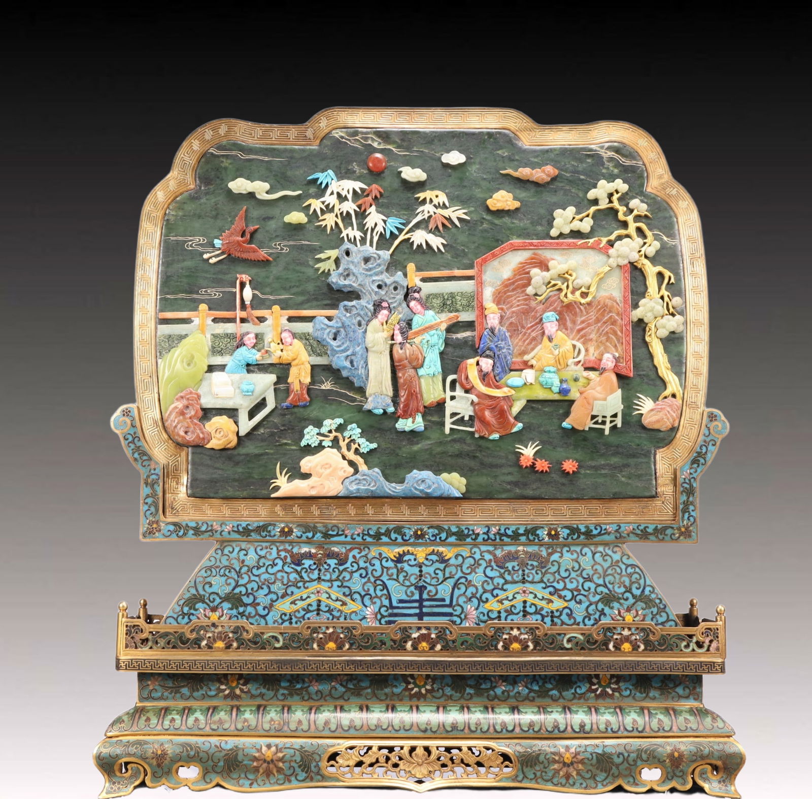 A Rare Cloisonne Inlaid Gems Figure Pattern Table Screen,with poem (1 of 12)