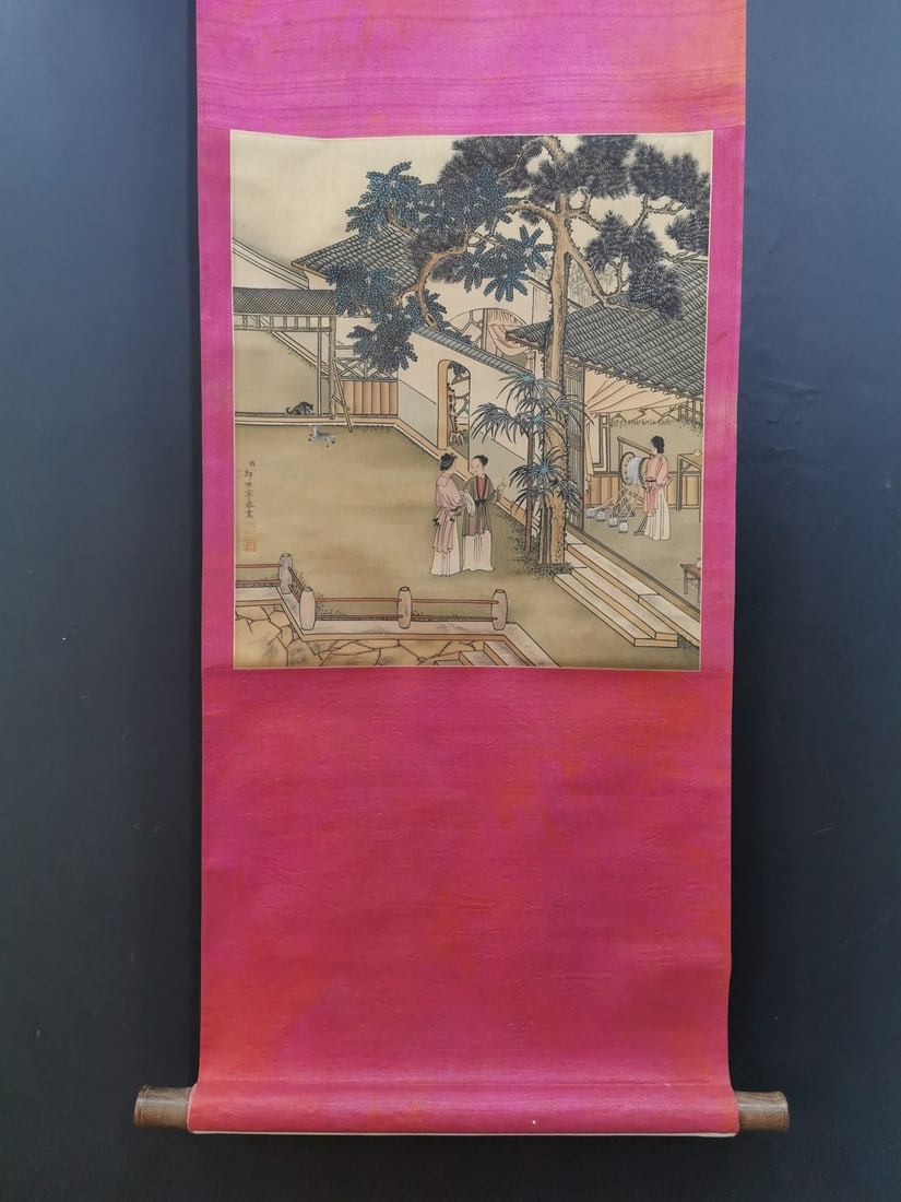 A Chinese Vertical Scroll Ink Painting of Woman on Silk,Lang Shining: A Chinese Vertical Scroll Ink Painting of Woman on Silk,Lang Shining,Size:18.7inx16.5in 一幅中国水墨绢本仕女图立轴,郎
