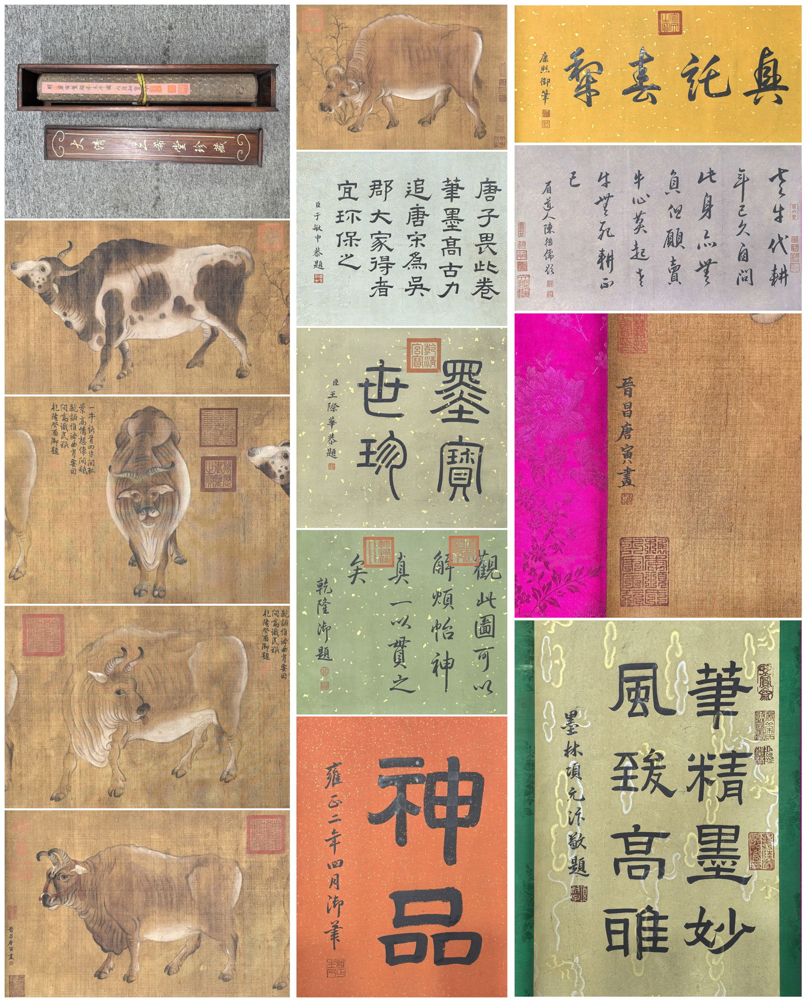 A Chinese Hand Scroll Ink Painting of Buffalo on Paper,Tang Yin: A Chinese Hand Scroll Ink Painting of Buffalo on Paper,Tang Yin,Size:(Without frame)19.6inx120.1in,(Total)19.8inx354.3in 一幅中国水墨绢本牛图