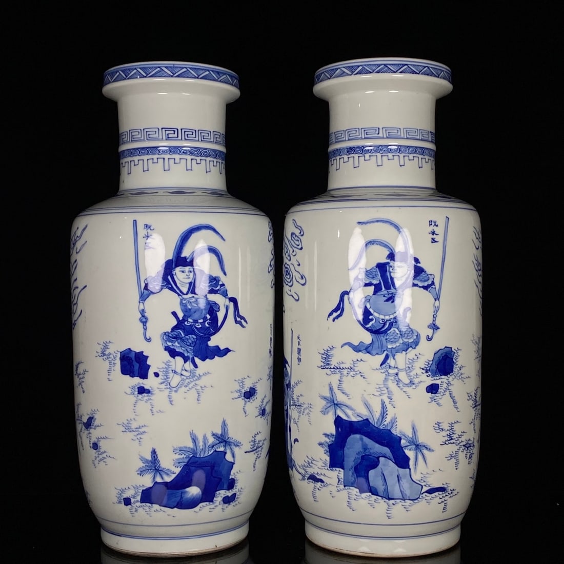 A Pair of Rare Blue and White Character and Story Pattern Vases: A Pair of Rare Blue and White Character and Story Pattern Vases,Qing Dynasty, China,Kangxi Six-character Mar,Size:15.4inx6.3in 