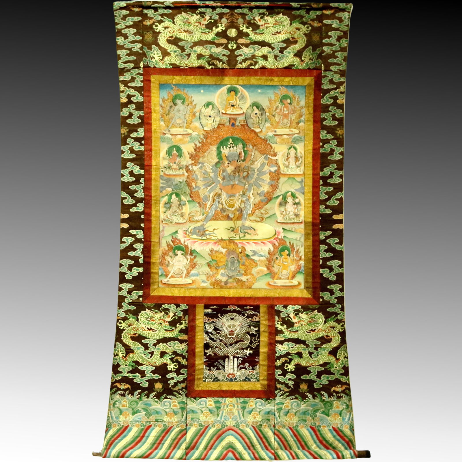 An Exquisite Brocade Painted Color Cowhide Mandkesvara Tangka (1 of 10)