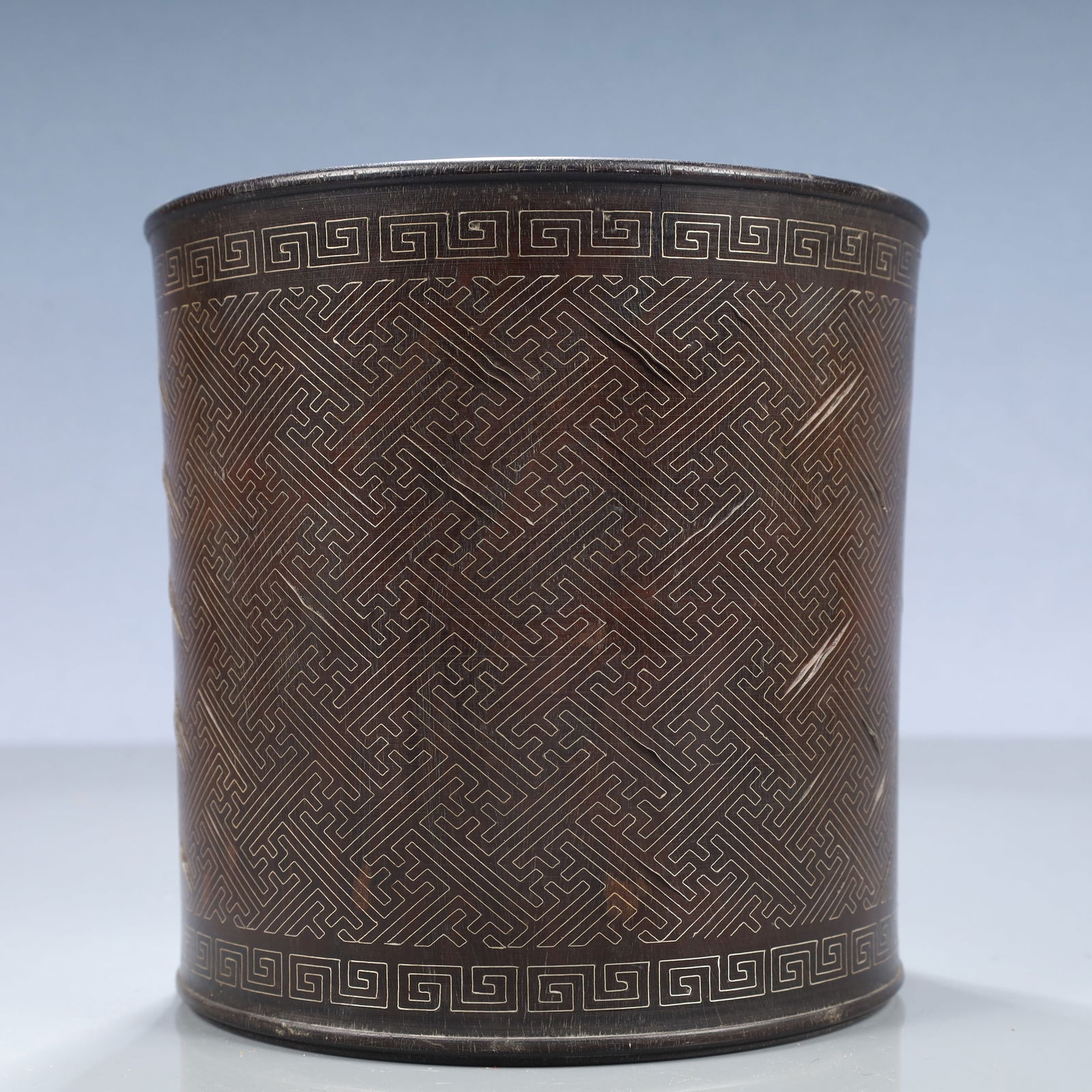 An Exquisite Zitanwood Inlaid Silver Wire Brush Pot (1 of 7)