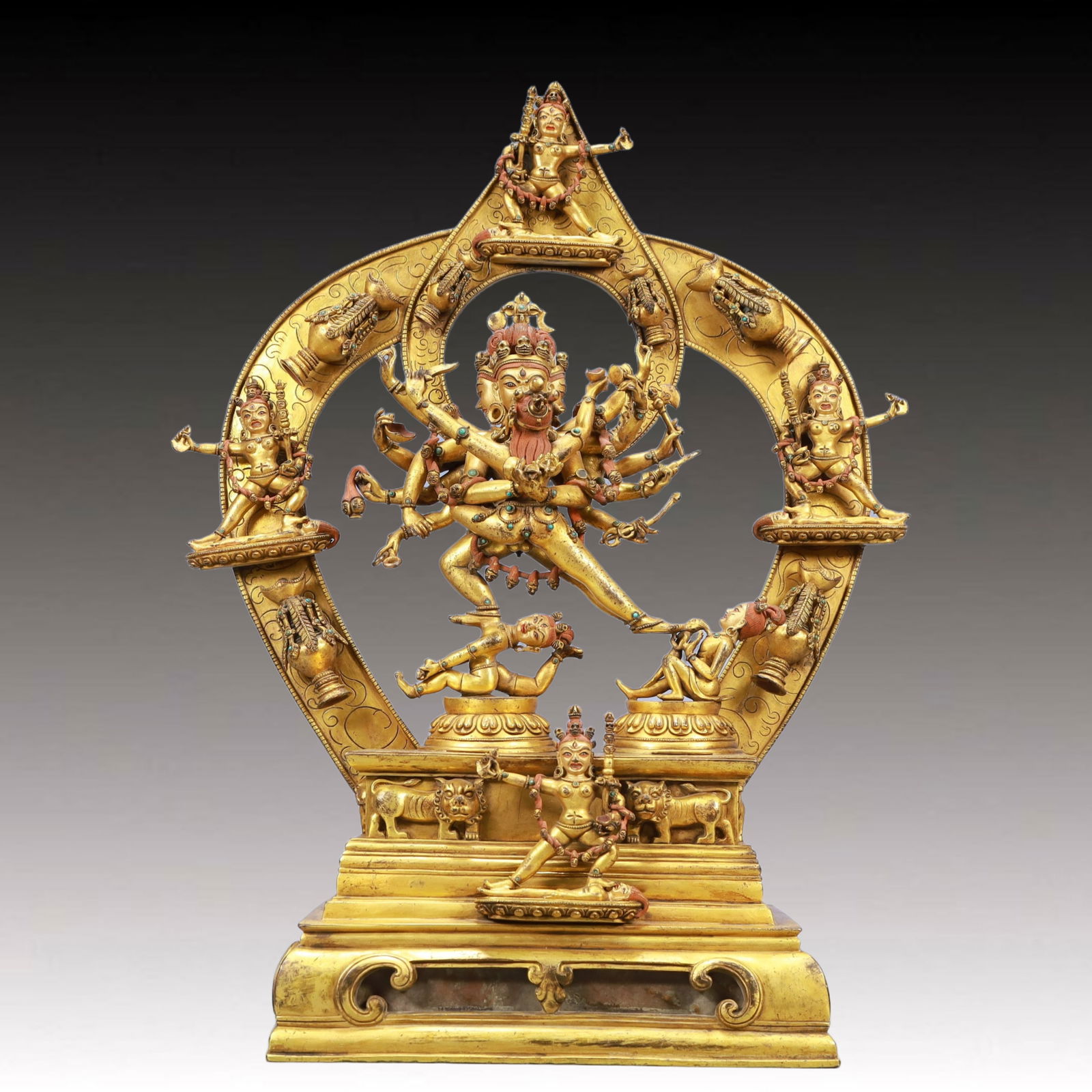 A Solemn Gilt Bronze Inlaid Gems Statue of Vajra: A Solemn Gilt Bronze Inlaid Gems Statue of Vajra,Ming Dynasty, China,Size:11inx5.5inx21.3in Weight:12700g 铜鎏金嵌宝石金刚像,中国ą