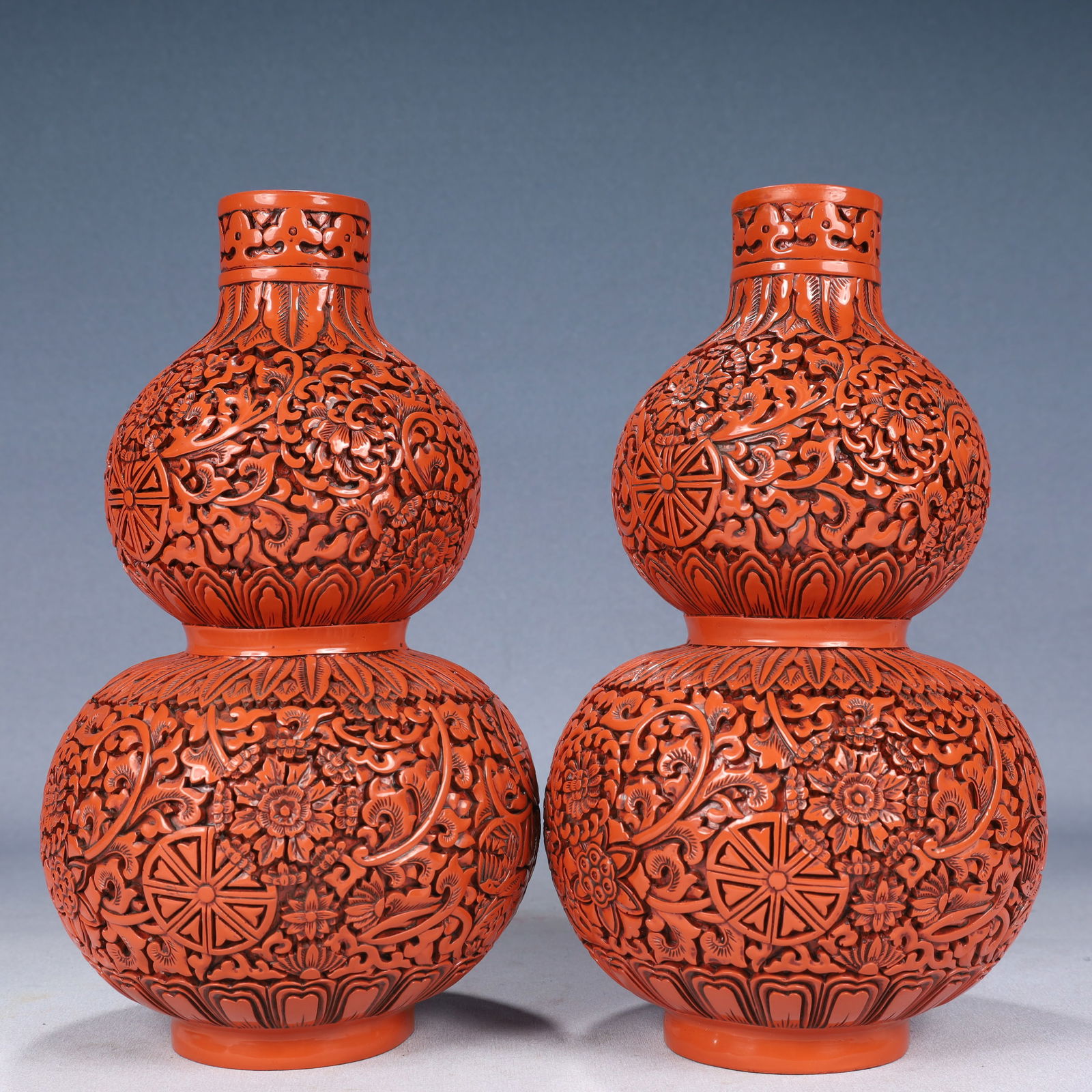 A Pair of Exquisite Carved Red Lacquer Flower Pattern Gourd-Shaped Vases (1 of 14)