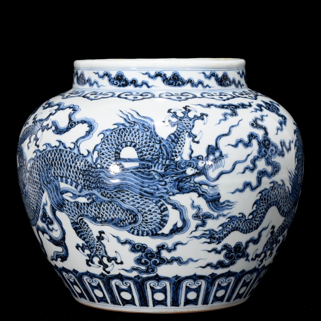 A Rare Blue and White Auspicious Cloud and Dragon Pattern Jar: A Rare Blue and White Auspicious Cloud and Dragon Pattern Jar,Ming Dynasty, China,Yongle Four-character Mark,Size:12inx14.6in 