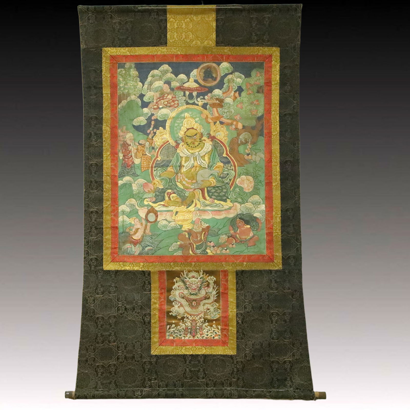 A Rare Brocade Painted Color Statue of Mammon Tangka: A Rare Brocade Painted Color Statue of Mammon Tangka,Qing Dynasty, China,Size:37inx61.4in 织锦彩绘财神像唐卡,中国清代