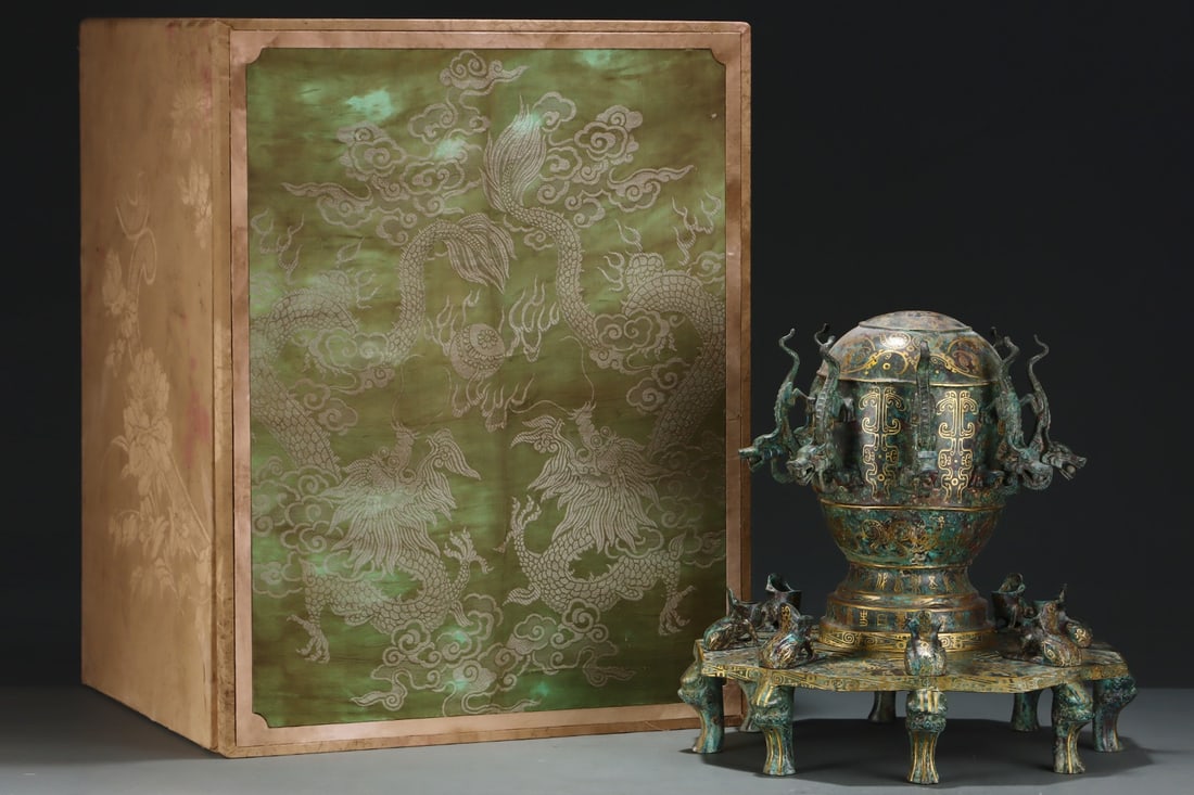 A Huge Bronze Inlaid Gold Dragon and Phoenix Pattern Ornament,With Base,With Inscription (1 of 8)