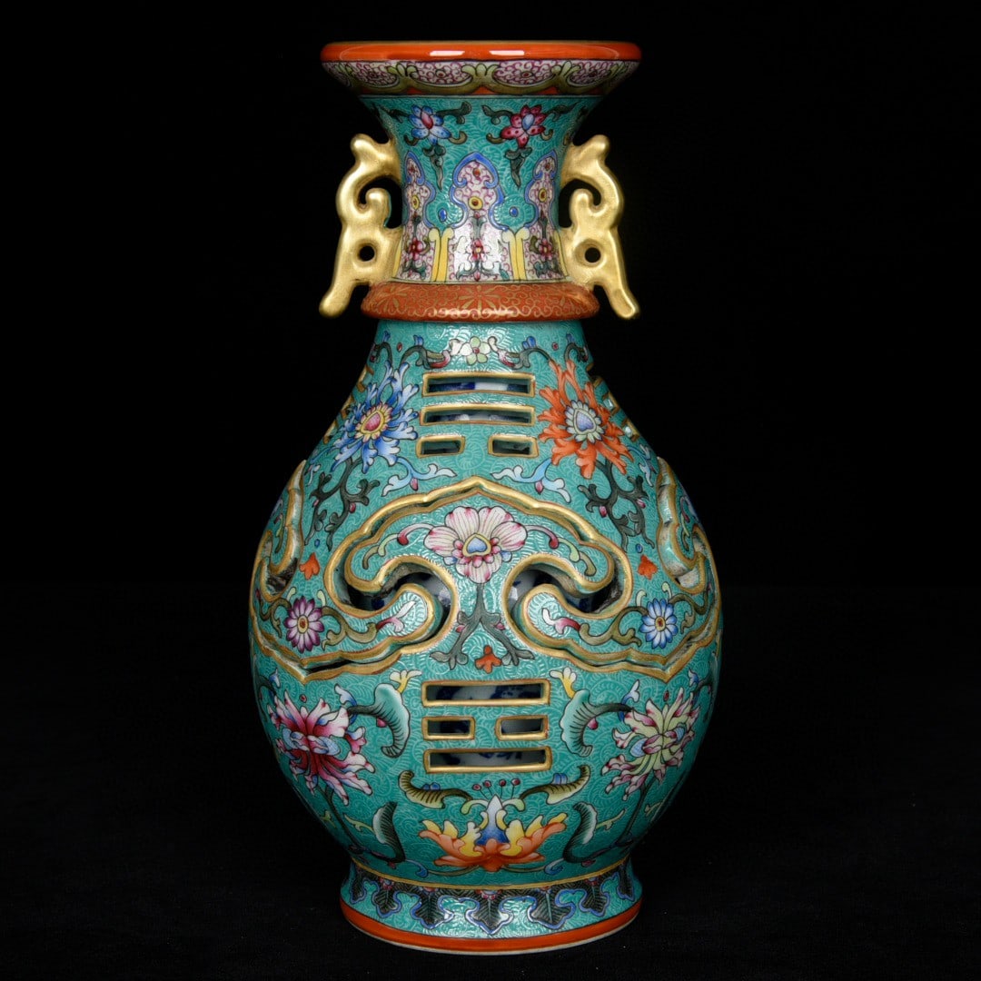 An Exquisite Blue Ground Enamel Painted Gold Hollow Lotus Pattern Double-Ears Vase: An Exquisite Blue Ground Enamel Painted Gold Hollow Lotus Pattern Double-Ears Vase,Qing Dynasty, China,Qianlong Six-character Mark,Size:7.9inx4.3in 蓝地珐琅彩描%
