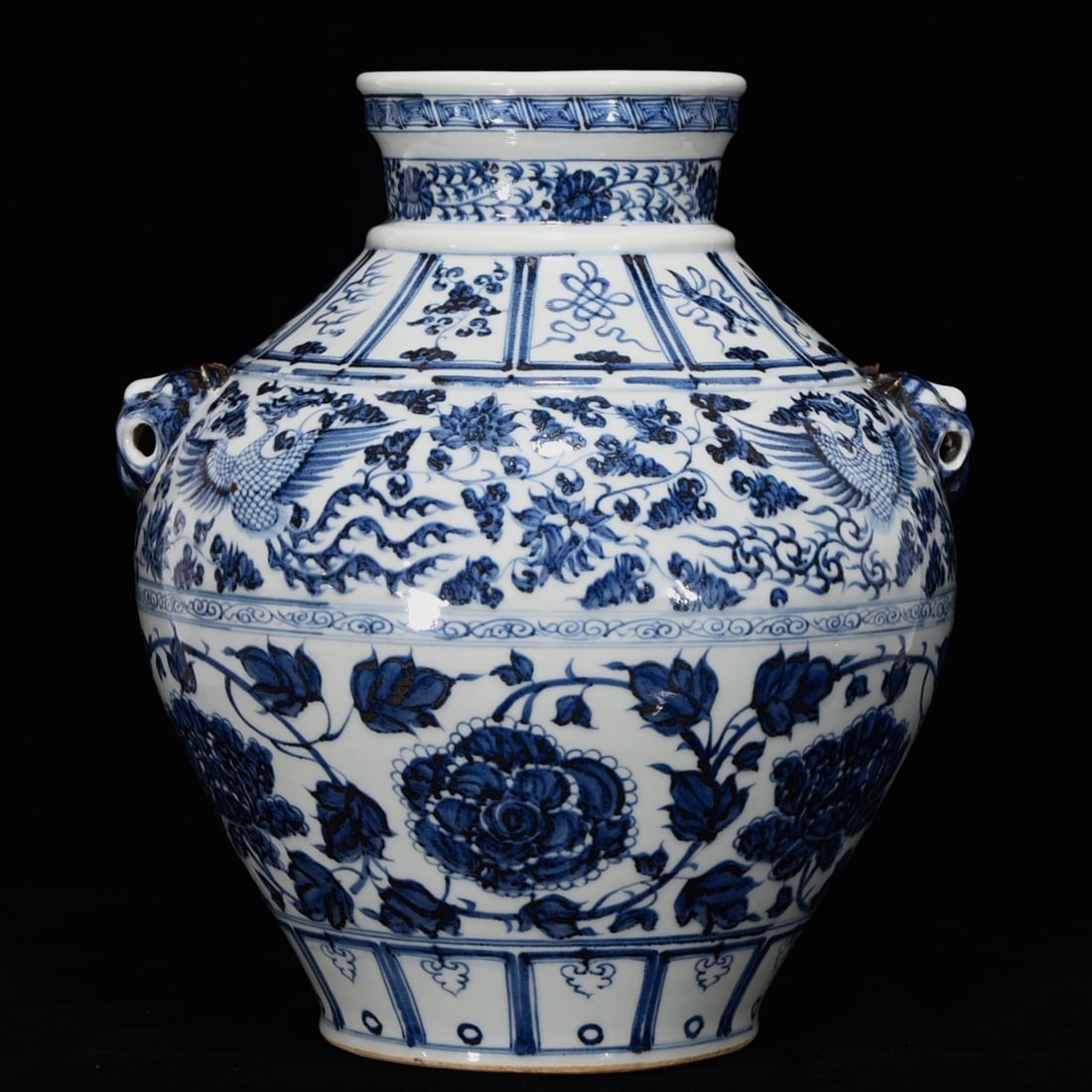 A Rare Blue and White Lotus and Phoenix Pattern Beast-Ears Jar (1 of 9)