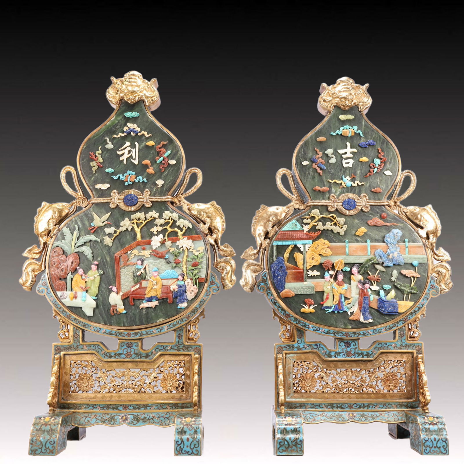 A Pair of Rare Cloisonne Inlaid Gems Character and Story Pattern Gourd-Shaped Table Screens,with (1 of 19)