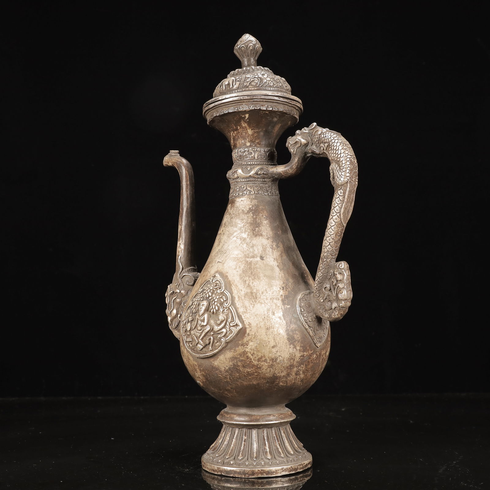 A Rare Silver Figure and Dragon Pattern Ewer - 9