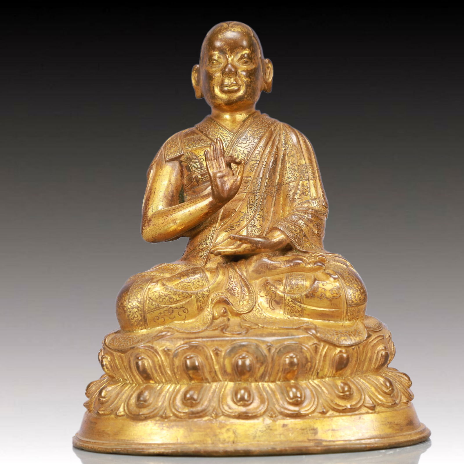 A Solemn Gilt Bronze Statue of Tsongkhapa: A Solemn Gilt Bronze Statue of Tsongkhapa, Qing Dynasty, China, Size:14.5x12x6.9in, Weight:1200g 铜鎏金宗喀巴像,中国清代