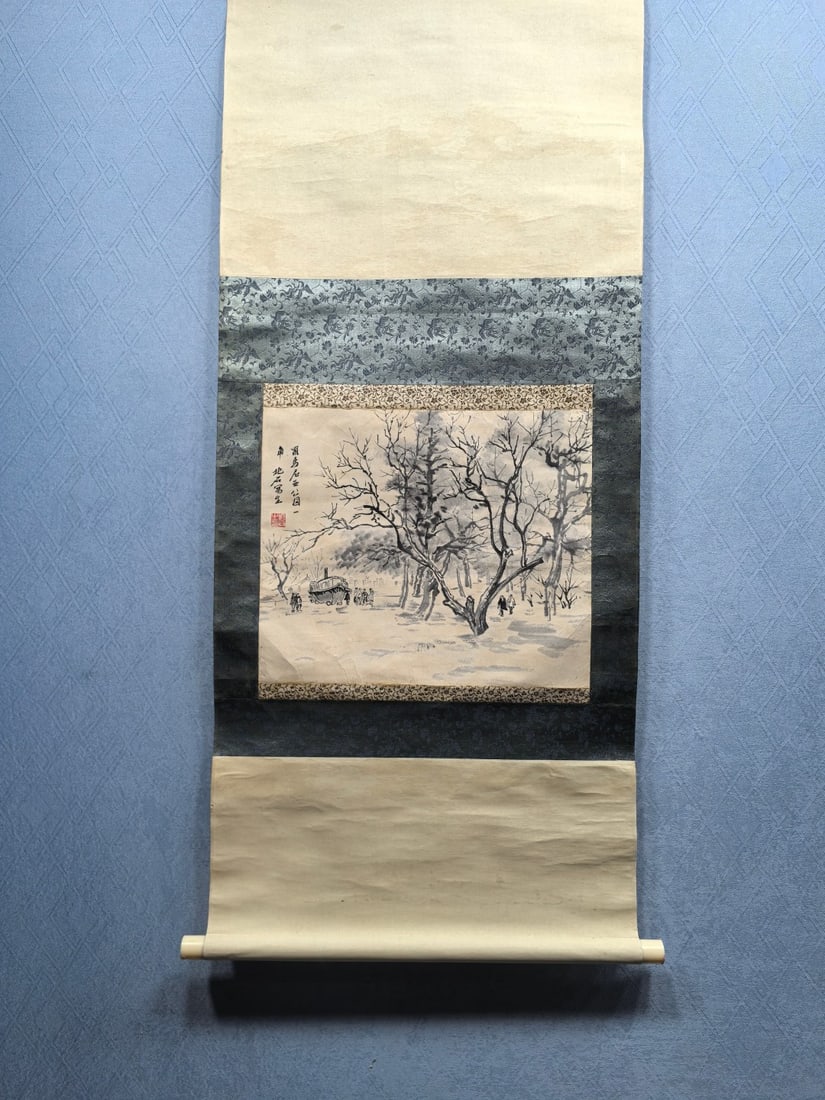 A Chinese Vertical Scroll Ink Painting of Landscape and Figure on Paper,Fu Baoshi: A Chinese Vertical Scroll Ink Painting of Landscape and Figure on Paper,Fu Baoshi,Size:16.3inx13.6in 