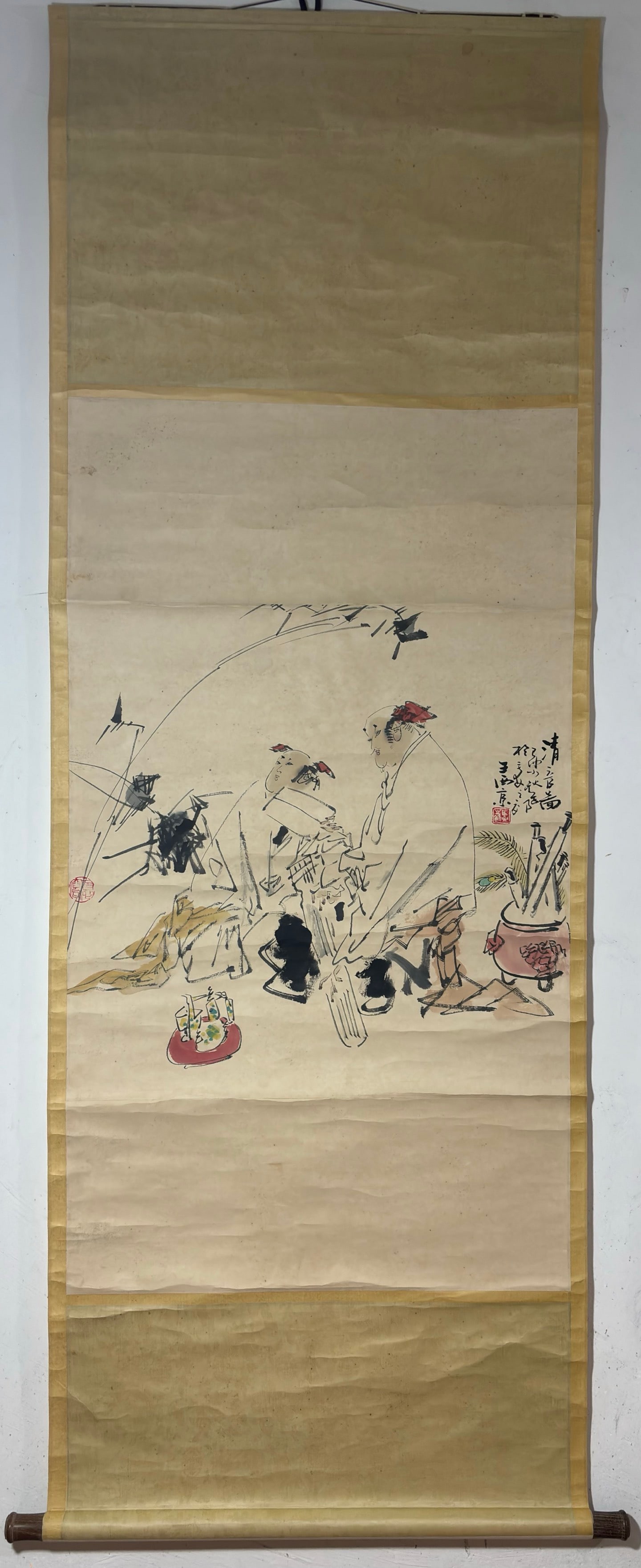 A Chinese Vertical Scroll Ink Painting of Figure on Paper,Wang Xijing: A Chinese Vertical Scroll Ink Painting of Figure on Paper,Wang Xijing,Size:(Without frame)26.4inx26.4in 