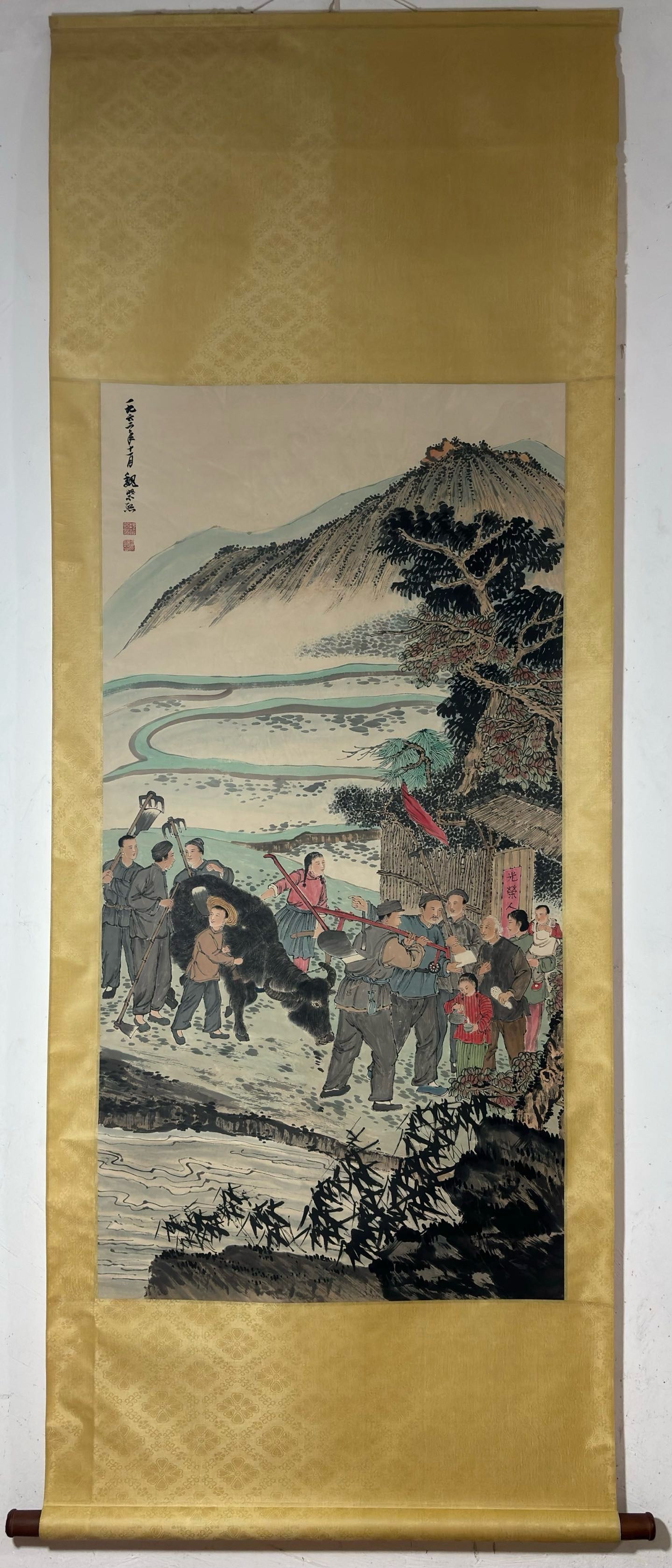 A Chinese Vertical Scroll Ink Painting of Landscape and Figure on Paper,Wei Zixi: A Chinese Vertical Scroll Ink Painting of Landscape and Figure on Paper,Wei Zixi,Size:(Without frame)50.4inx25.6in 