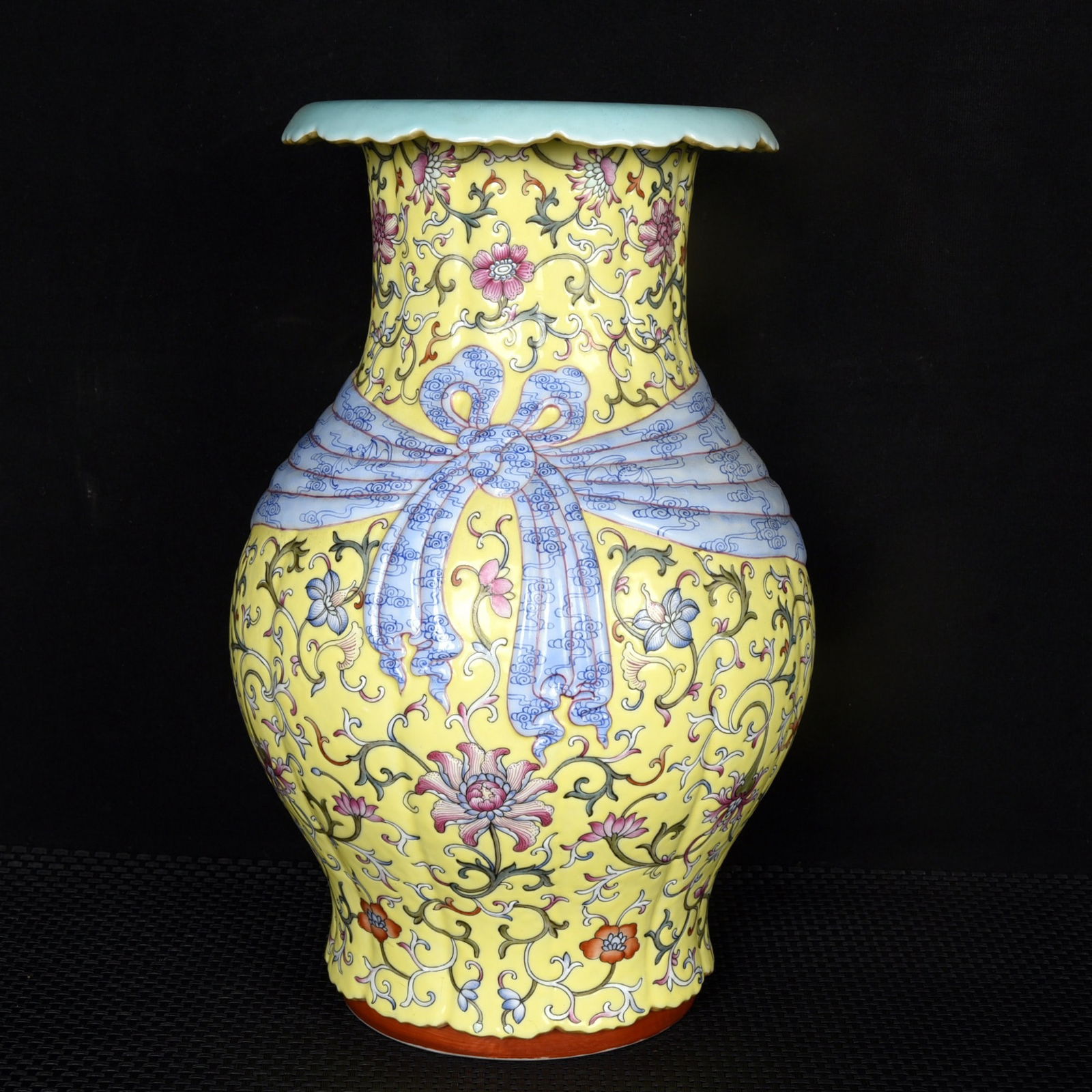 A Rare Yellow Ground Enamel Painted Gold Lotus,Auspicious Cloud and Bats Pattern Vase (1 of 9)