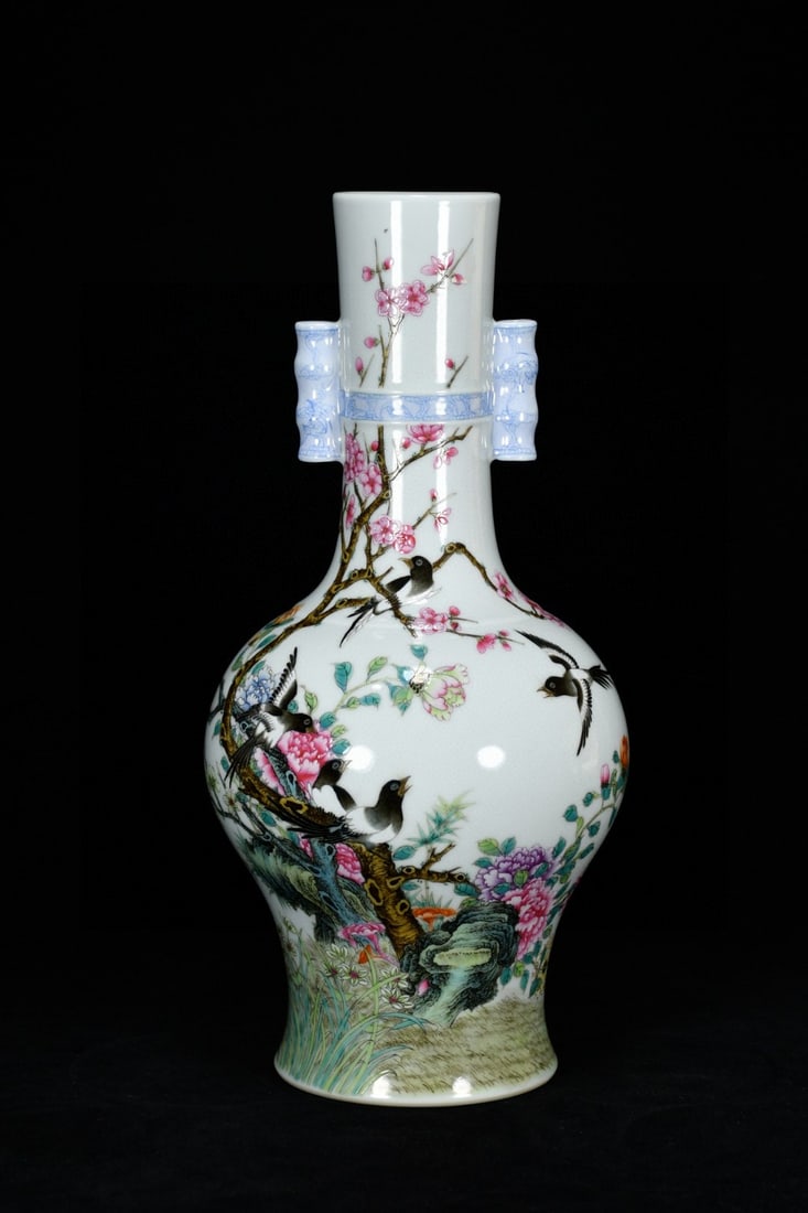 A Rare Enamel Flower and Bird Pattern Double-Ears Vase,With Poem: A Rare Enamel Flower and Bird Pattern Double-Ears Vase,With Poem,Qing Dynasty, China,Yongzheng Six-character Mark,Size:13.8inx7.9in 珐琅彩花鸟纹双耳