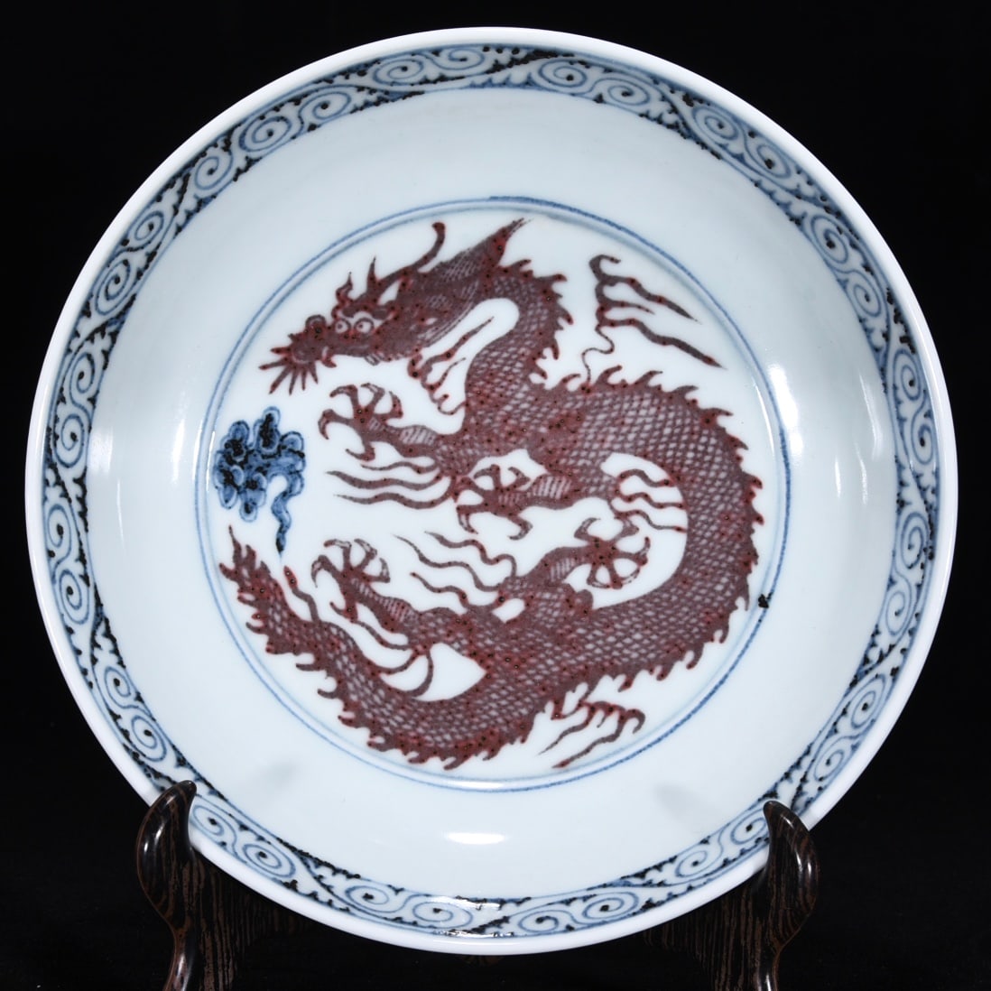 An Exquisite Blue and White Underglaze-Red Lotus,Dragon and Phoenix Pattern Plate (1 of 8)
