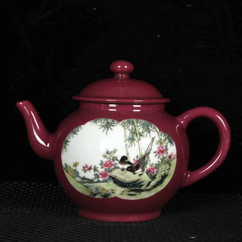 An Exquisite Ruby Red-Glazed Enamel Flower and Bird Pattern Ewer: An Exquisite Ruby Red-Glazed Enamel Flower and Bird Pattern Ewer,Qing Dynasty, China,Yongzheng Four-character Mark,Size:5.1inx7.1inx4.7in 胭脂红釉珐琅彩഑