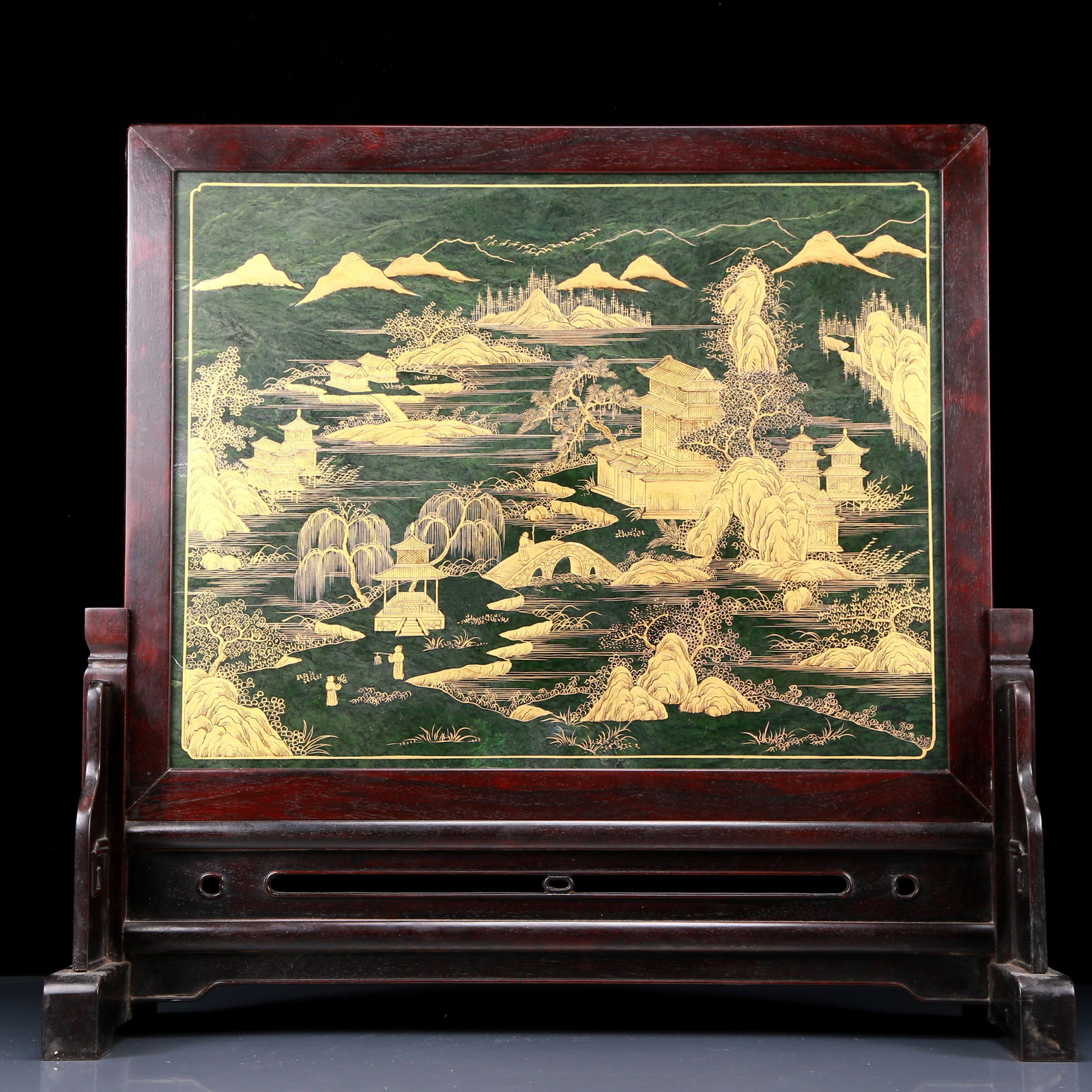An Exquisite Jasper Painted Gold Landscape and Figure Pattern Table Screen,with Zitanwood Base (1 of 10)