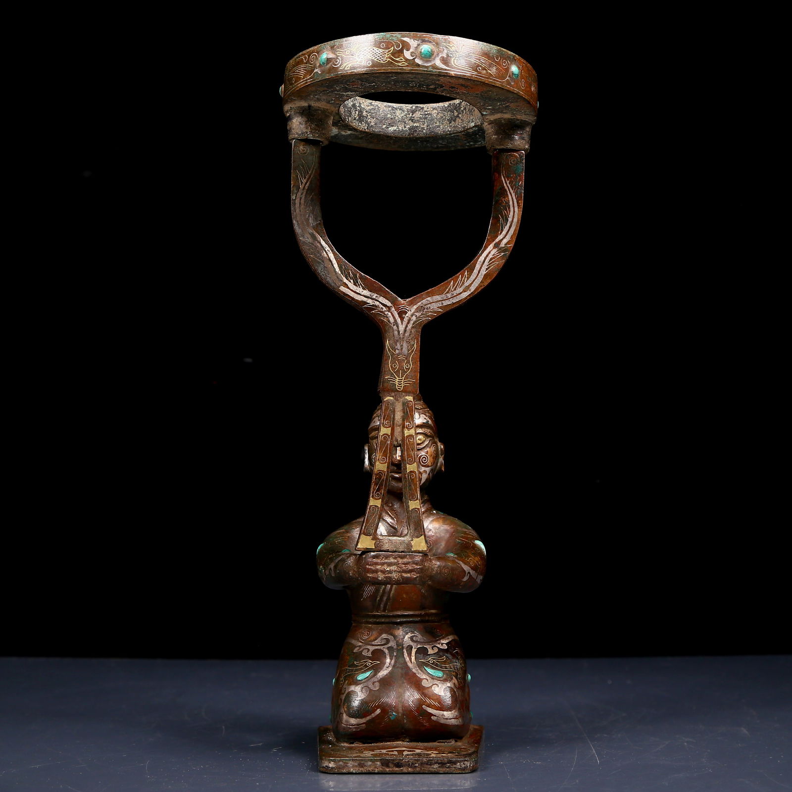 A Rare Bronze Inlaid Gold and Silver Inlaid Turquoise Figure Candlestick (1 of 12)