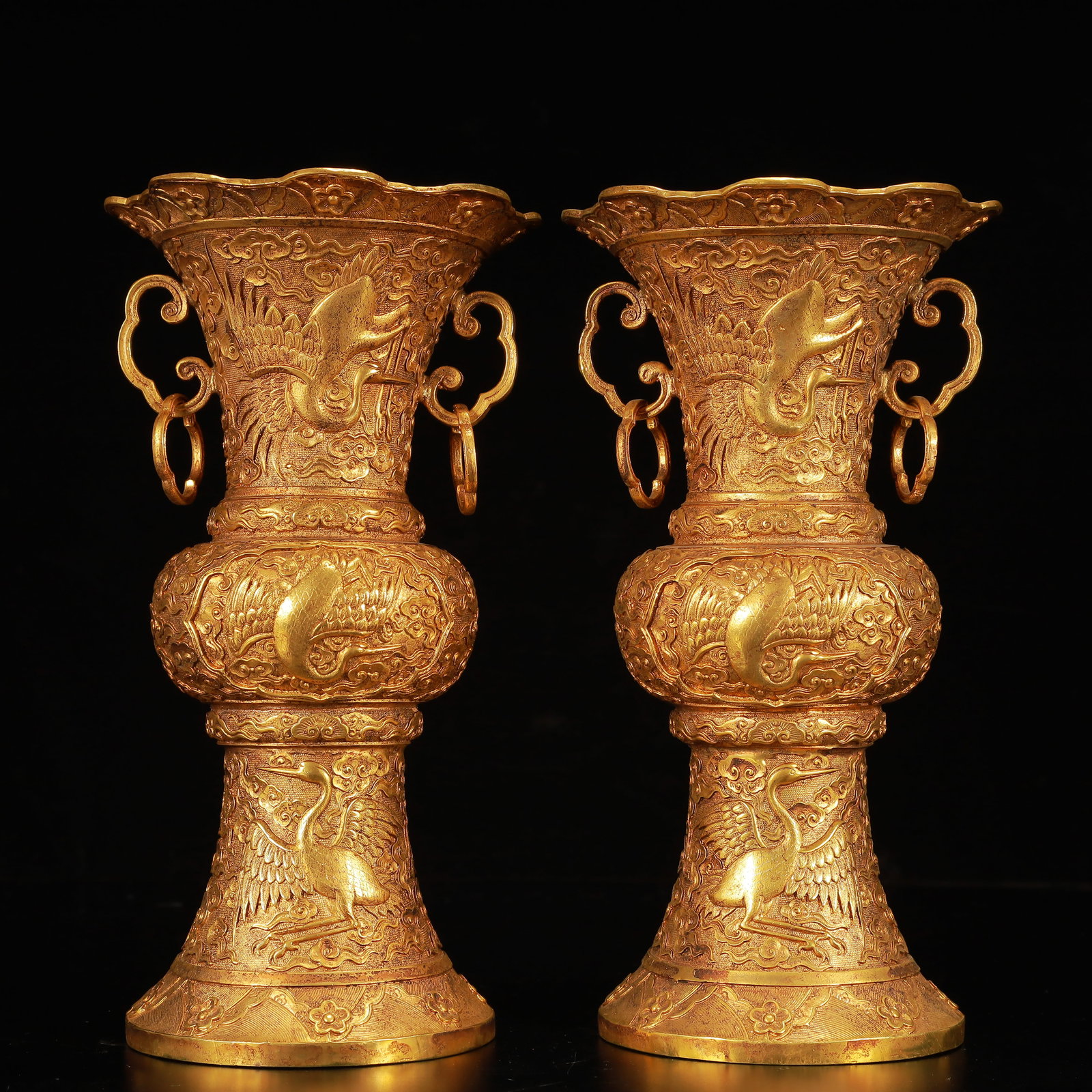 A Pair of Exquisite Gilt Bronze Crane Pattern Double-Ears Vases (1 of 17)