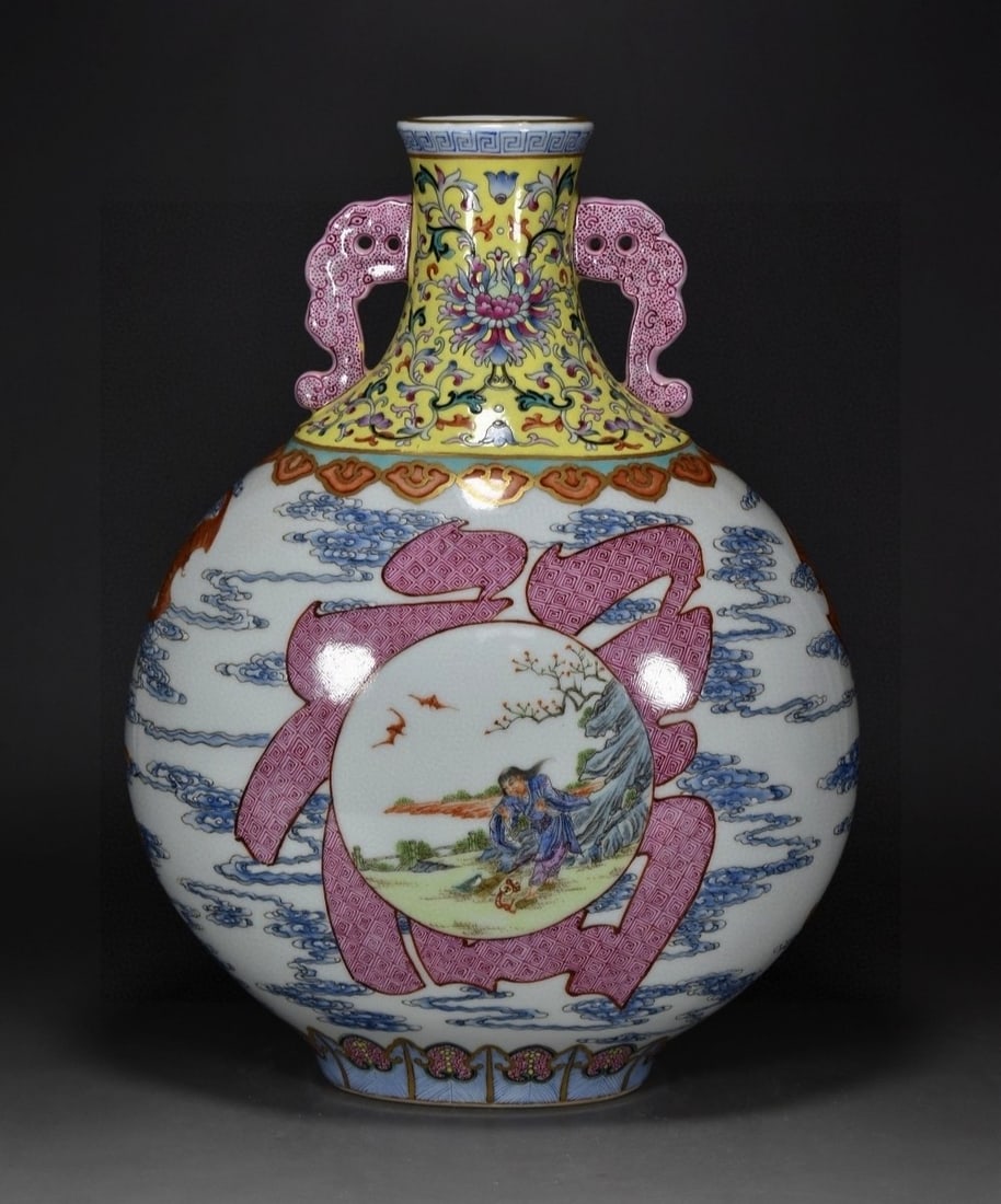 A Rare Enamel Painted Gold Auspicious Cloud,Bats and Figure Pattern Vase: A Rare Enamel Painted Gold Auspicious Cloud,Bats and Figure Pattern Vase,Qing Dynasty, China,Yongzheng Six-character Mark,Size:12.6inx9.4in 
