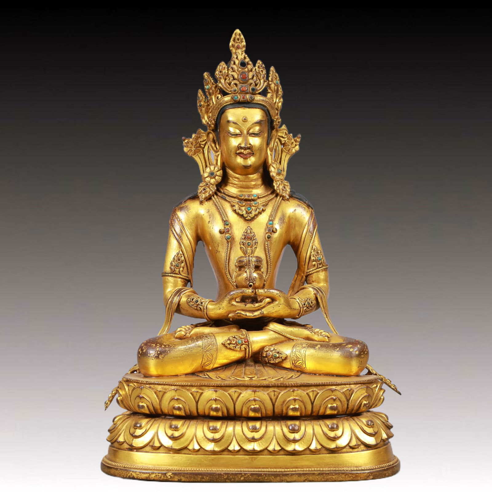 A Solemn Gilt Bronze Statue of Tara, Inlaid Gems: A Solemn Gilt Bronze Statue of Tara, Inlaid Gems, Qing Dynasty, China, Kangxi Mark, Size:6.7inx4.5inx10.2in, Weight:2600g 