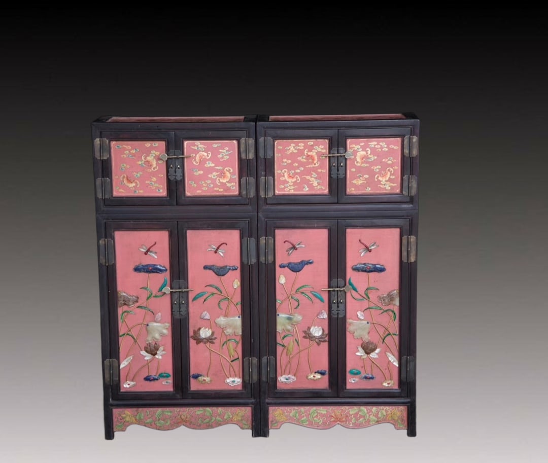 A Huge Zitanwood Bats and Lotus Pattern Cabinet: A Huge Zitanwood Bats and Lotus Pattern Cabinet,Qing Dynasty, China,Size:18.9inx9.1inx38.6in 