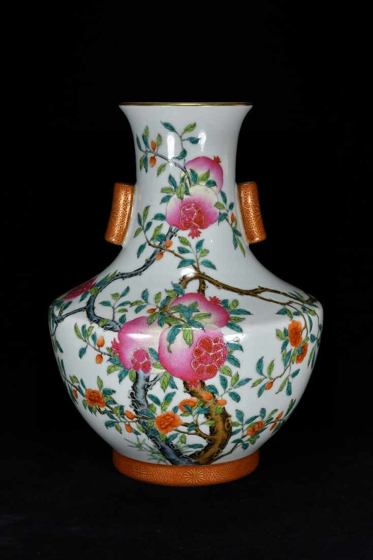 A Rare Famille-Rose Painted Gold Bats and Pomegranate Pattern Double-Ears Vase: A Rare Famille-Rose Painted Gold Bats and Pomegranate Pattern Double-Ears Vase,Qing Dynasty, China,Qianlong Six-character Mark,Size:12.6inx9.4in 