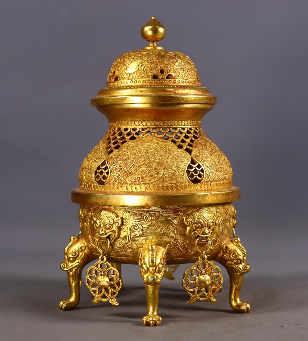 An Exquisite Gilt Bronze Dragon and Phoenix Pattern Censer (1 of 9)