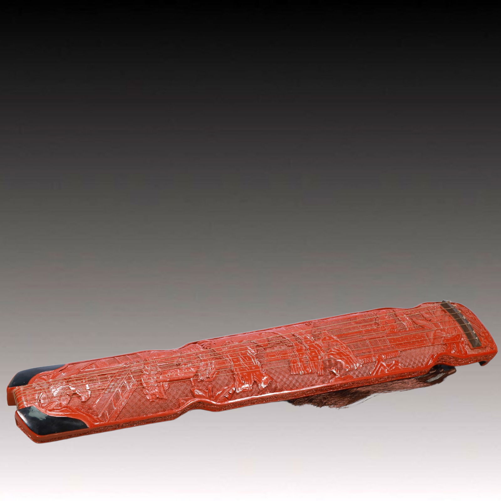 An Exquisite Carved Red Lacquer Figure Pattern 'qin' Ornament (1 of 8)
