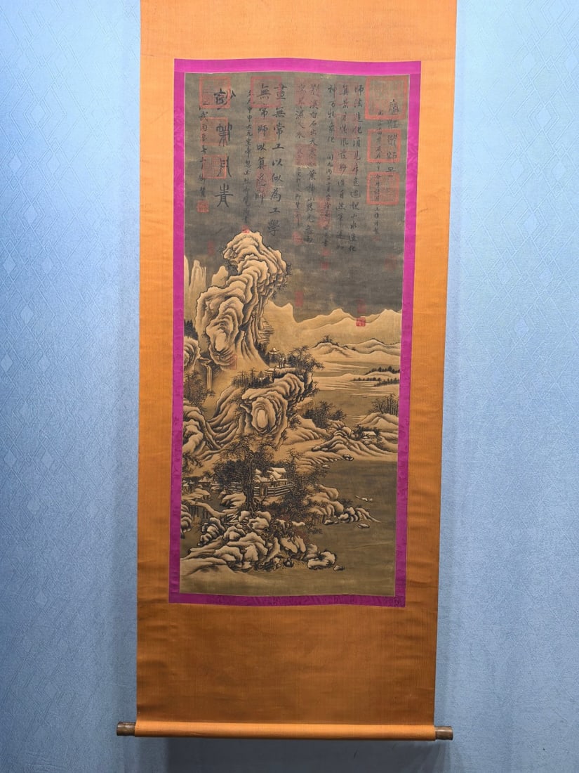 A Chinese Vertical Scroll Ink Painting of Landscape on Silk,Wang Wei (1 of 9)