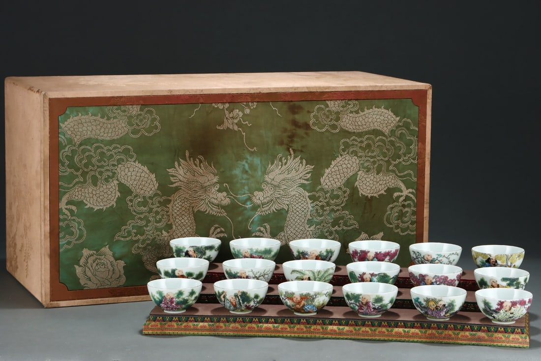 A Set of Exquisite Famille-Rose Arhat Pattern Cups,With Poem (1 of 8)