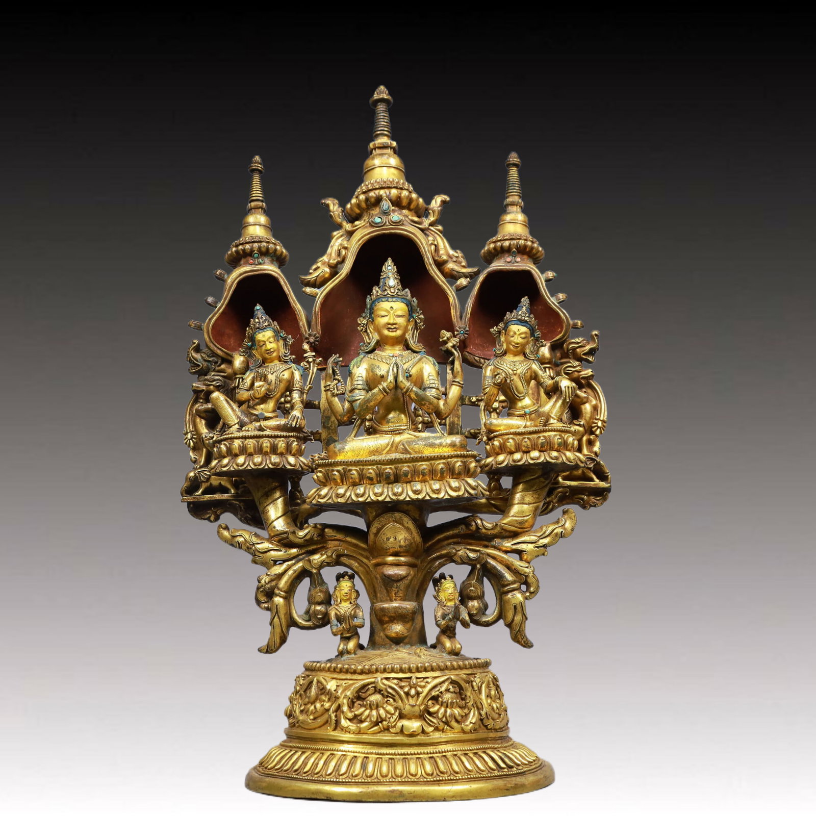 A Solemn Gilt Bronze Statue of Avalokitesvara, Inlaid Gems: A Solemn Gilt Bronze Statue of Avalokitesvara, Inlaid Gems, Size:15inx9.1inx24.8in, Weight:16750g 