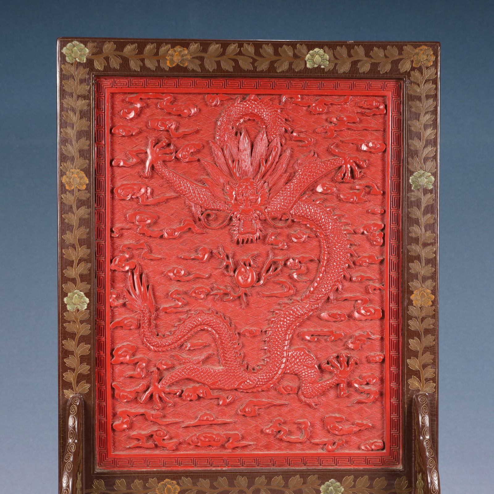 A Huge Carved Red Lacquer Auspicious Cloud and Dragon Pattern Table Screen - 2