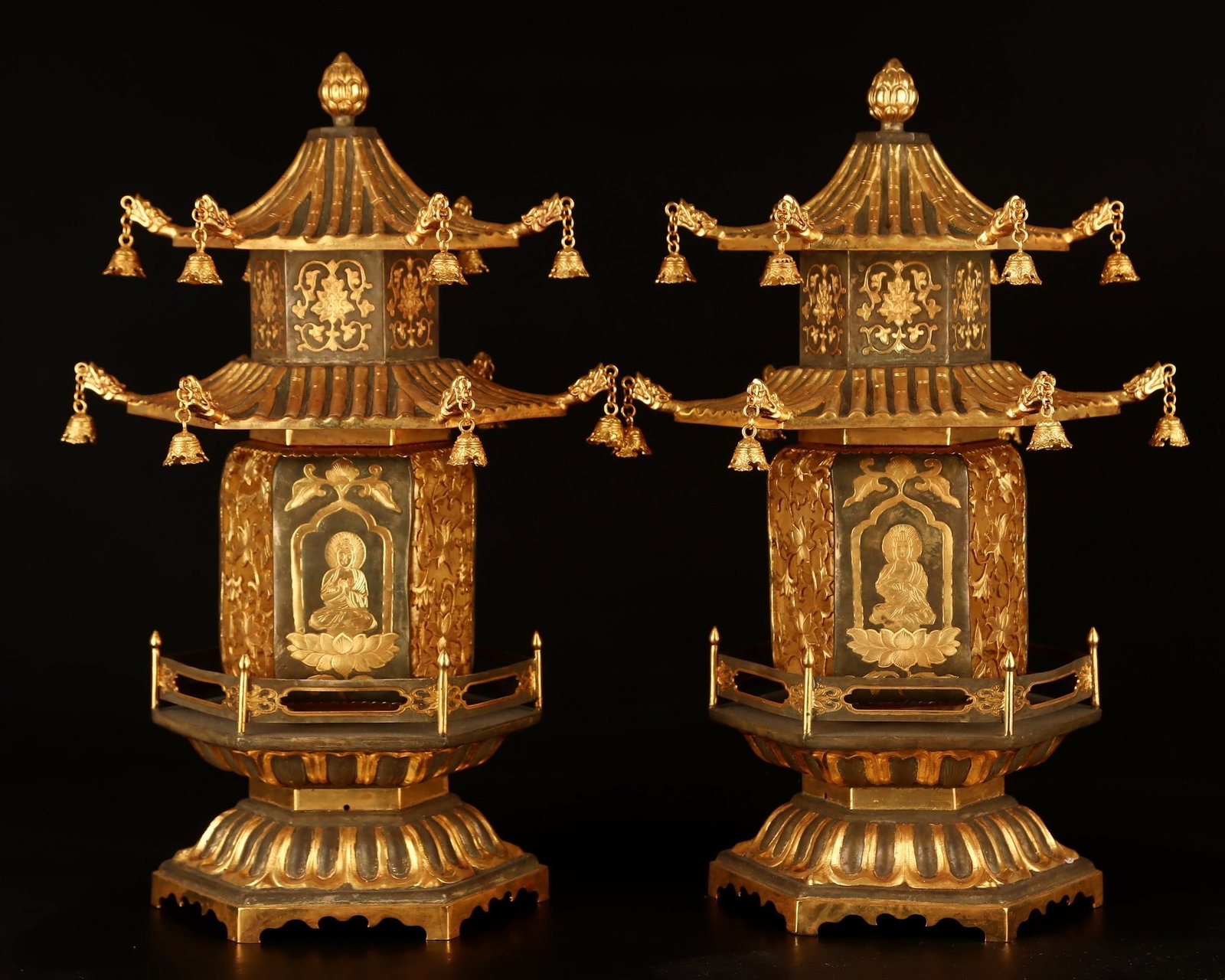 A Pair of Rare Gilt Bronze Hollow Lotus Pattern Pagodas (1 of 9)