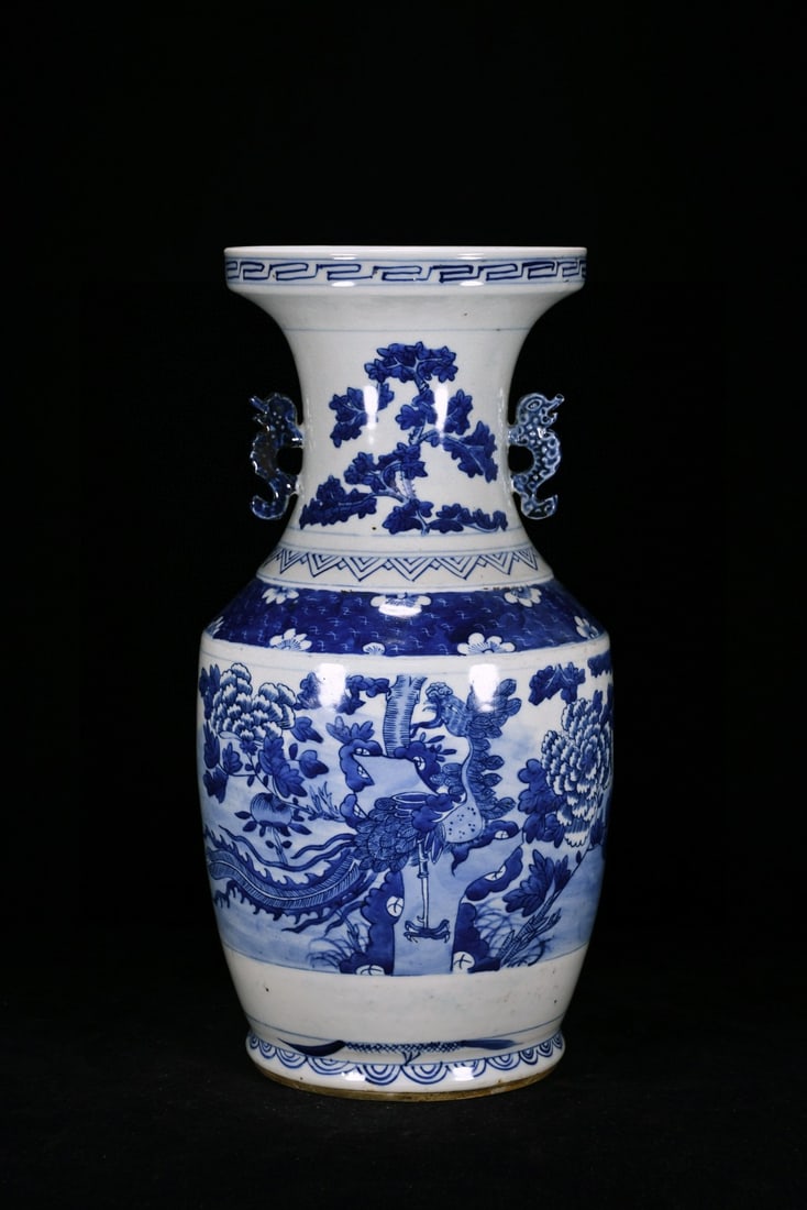 A Rare Blue and White Flower and Bird Pattern Dragon-Ears Vase (1 of 8)