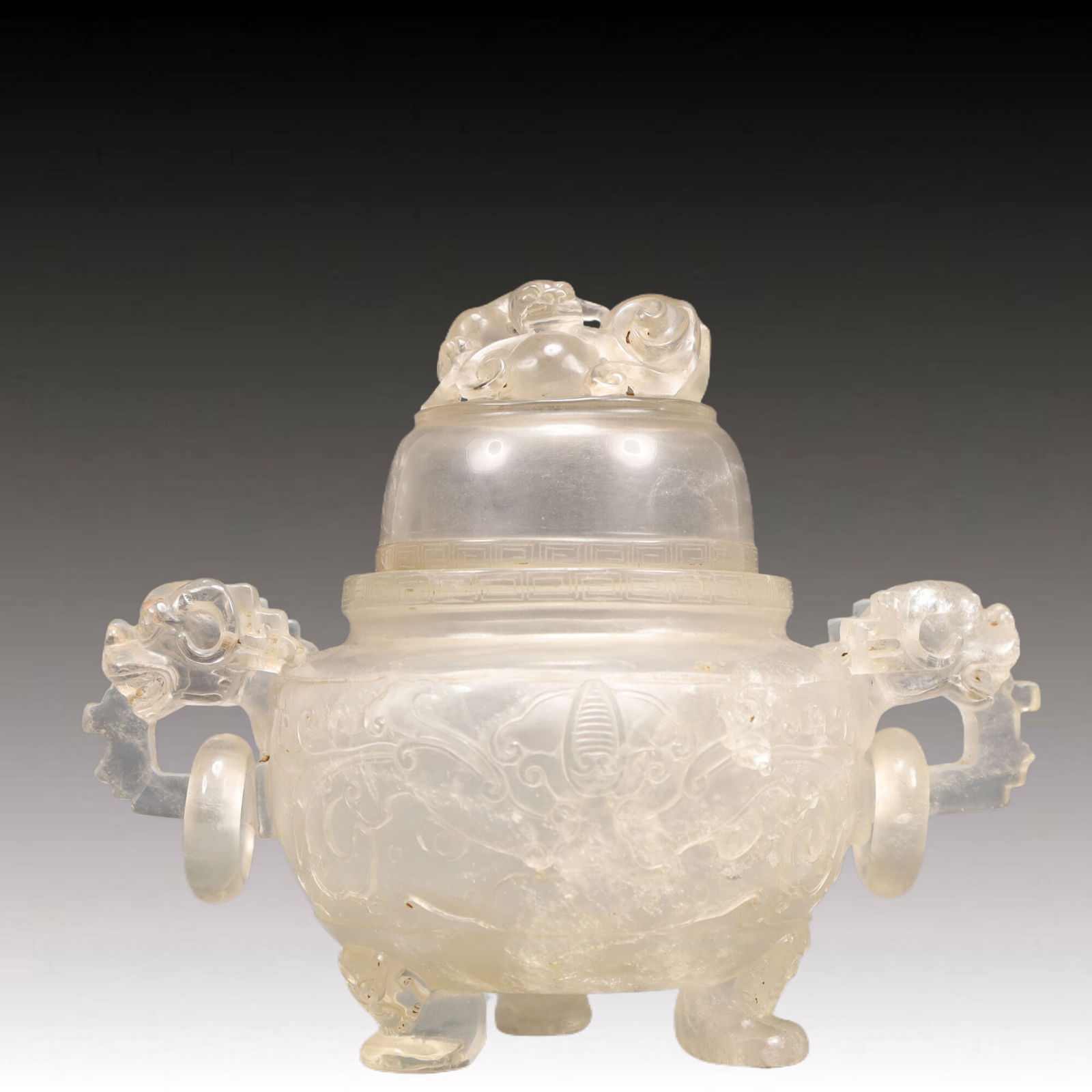 An Exquisite Crystal Beast-Face Pattern Double-Ears Censer: An Exquisite Crystal Beast-Face Pattern Double-Ears Censer,Qing Dynasty, China,Size:7.5inx49.2inx6.3in Weight:1000g 水晶兽面纹双耳香炉,中