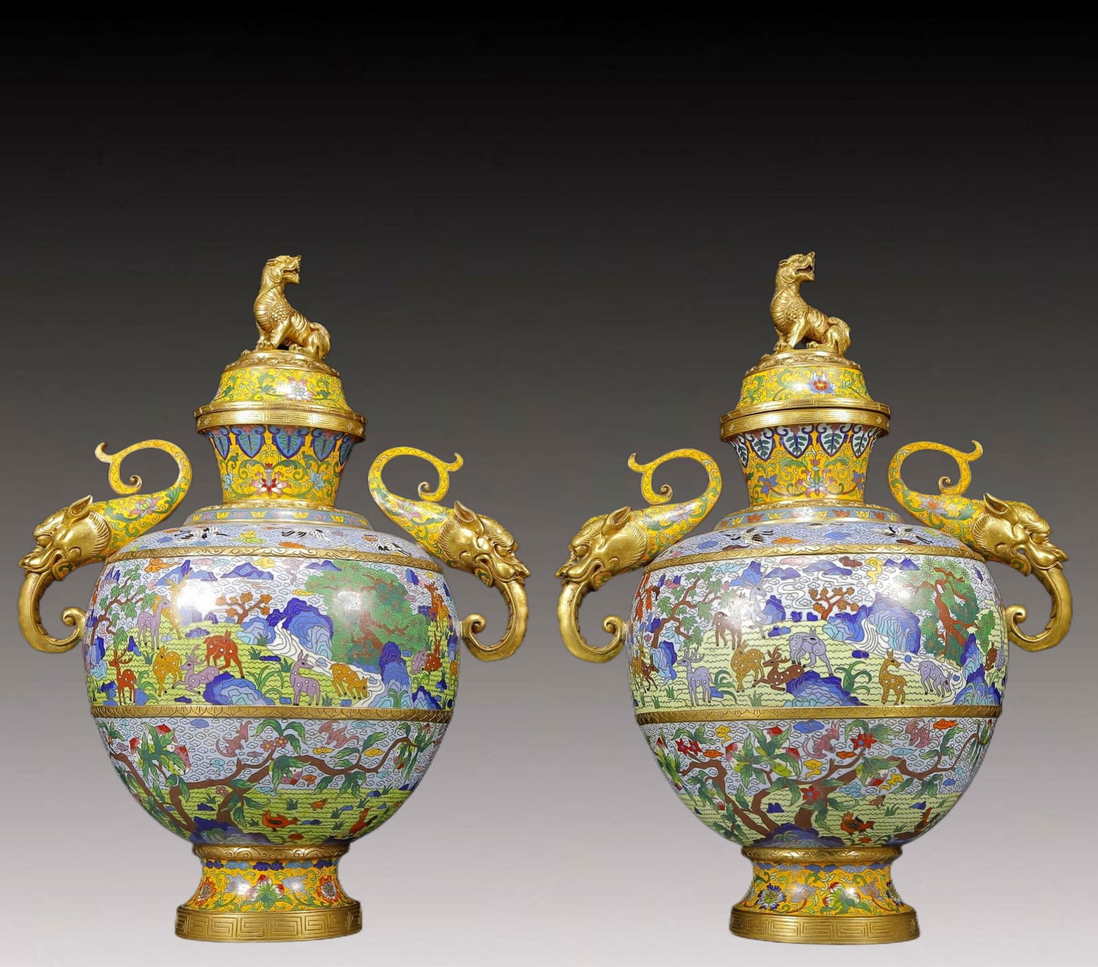A Pair of Huge Cloisonne Sika Deer Pattern Dragon-Ears Vases: A Pair of Huge Cloisonne Sika Deer Pattern Dragon-Ears Vases,Qing Dynasty, China,Yongzheng Four-character Mark,Size:14.6inx9.8inx18.9in,Total Weight:23050g 一对景泰蓝(