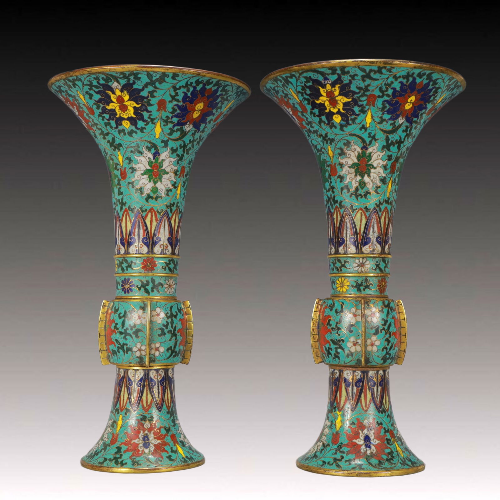 A Pair of Rare Cloisonne Lotus Pattern Vases: A Pair of Rare Cloisonne Lotus Pattern Vases,Ming Dynasty, China,Jingtai Four-character Mark,Size:7.5inx13.8in,Total Weight:3850g 
