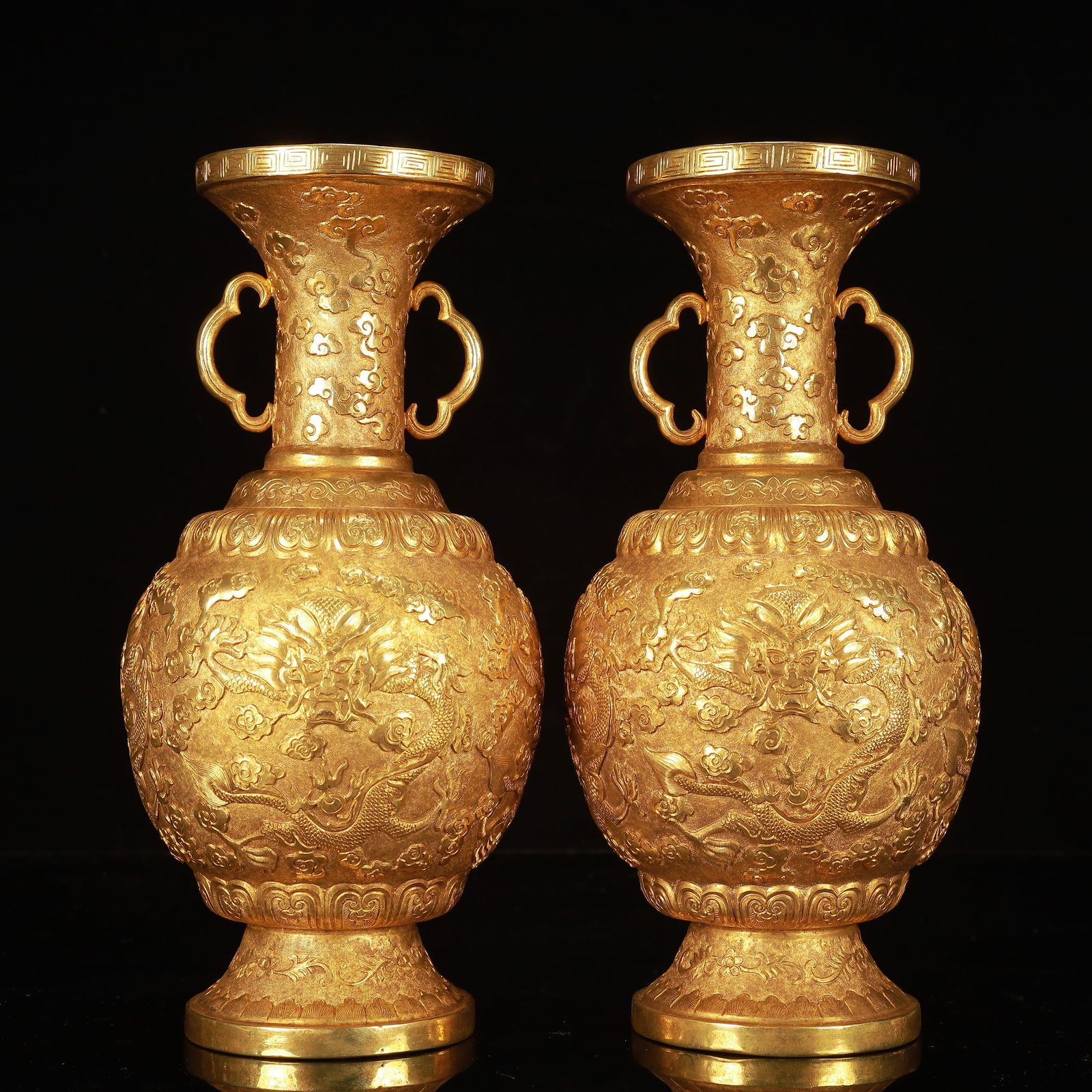 An Exquisite Gilt Bronze Auspicious Cloud and Dragon Pattern Double-Ears Vases (1 of 13)